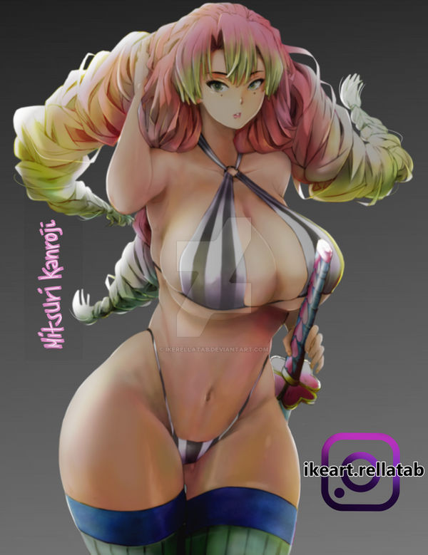 big_breasts bikini braided_hair cleavage demon_slayer female female_only gradient_hair green_eyes huge_breasts ikeartrellatab kanroji_mitsuri katana kimetsu_no_yaiba long_hair looking_at_viewer lowres mole_under_eye multicolored_hair pink_hair solo swimsuit sword thick_thighs thighhighs wide_hips