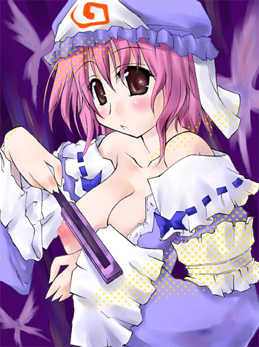 a-isan blush brown_eyes eyebrows_visible_through_hair fan female hat japanese_clothes large_breasts pink_hair purple_background solo touhou yuyuko_saigyouji