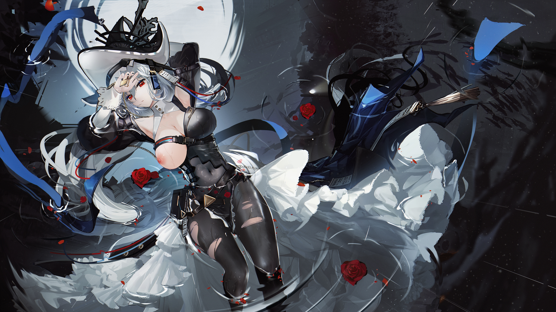1girls, areolae, arknights, big breasts, breast outside, breasts, cleavage, dutch angle, emotionless, exposed breasts, female, female only, hair between eyes, hand on forehead, hands up, hat, highres, large breasts, legwear, long hair, nail polish, nails, navel, navel visible through clothes, nipples, omone hokoma agm, pantyhose, red eyes, solo, specter (arknights), specter the unchained (arknights), standing, straps, torn legwear, torn pantyhose, wet, white hair