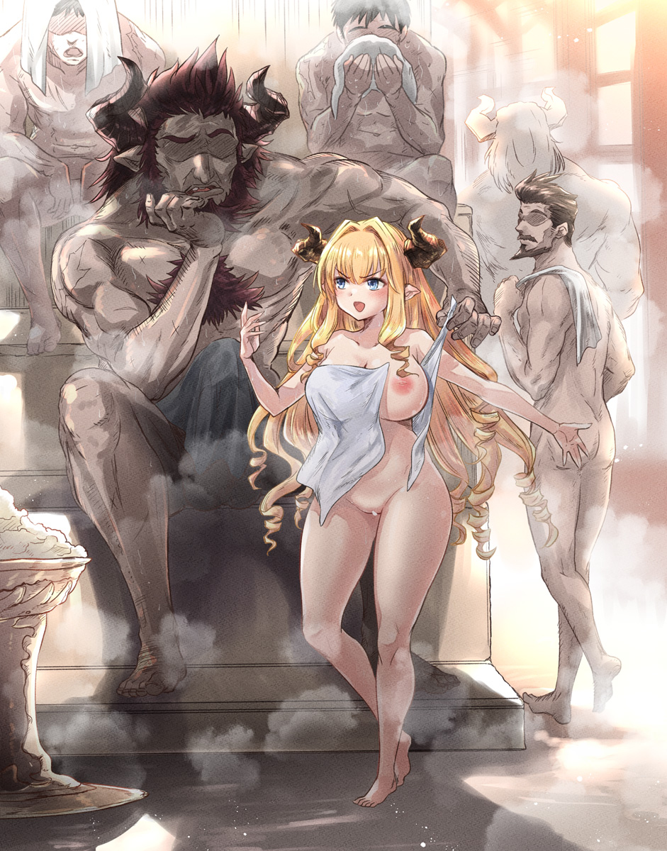 5boys areolae beard blonde_hair blue_eyes breasts chest_hair cleavage draph drill_hair facial_hair female female granblue_fantasy highres horns imminent_rape large_breasts long_hair male mizuki_takehito multiple_boys nipples pointy_ears razia red_hair towel very_long_hair