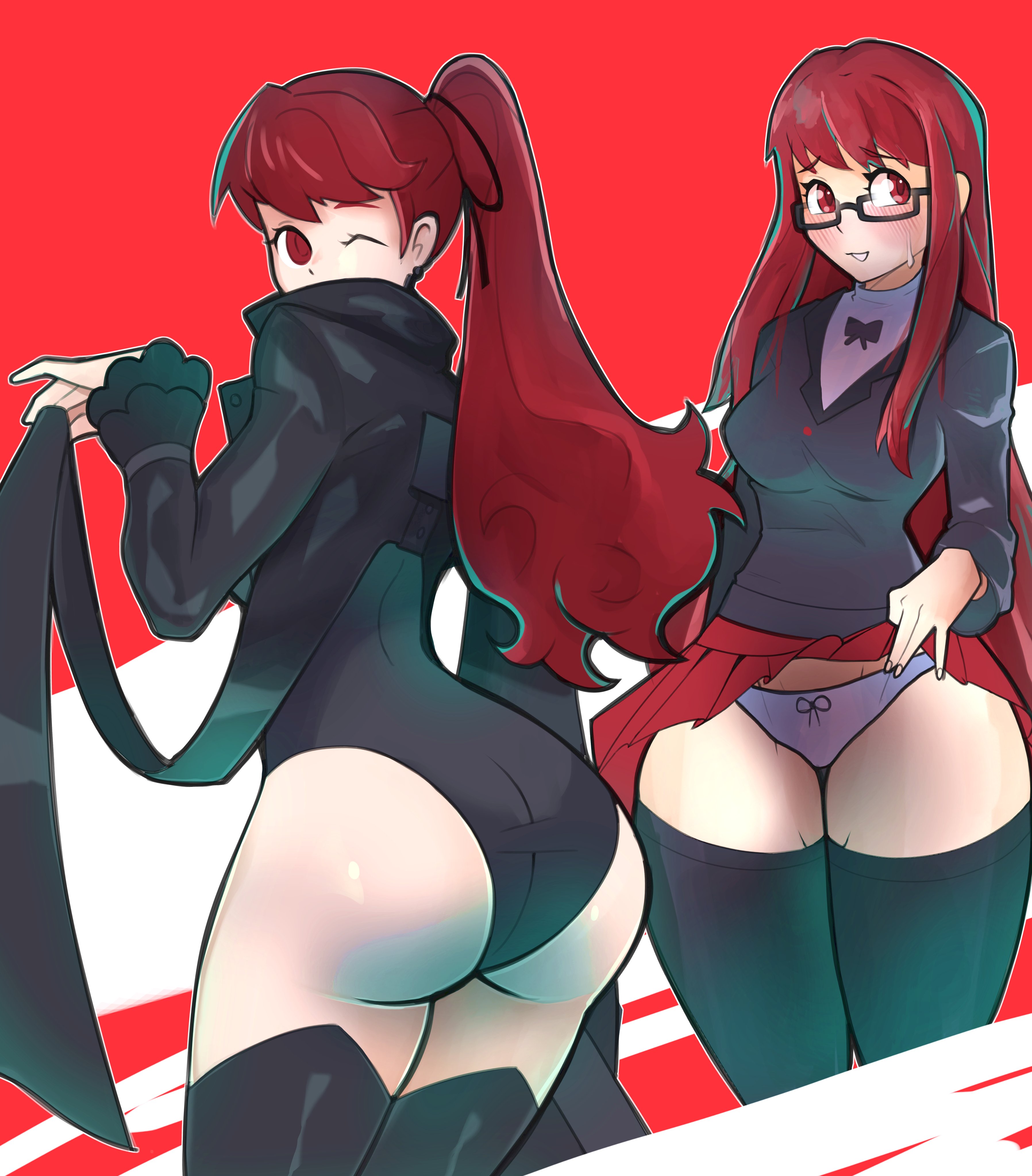 aidancore, female, glasses, kasumi yoshizawa, leggings, leotard, lifting, long hair, looking back, panties, persona, persona 5, persona 5 royal, phantom thief suit, ponytail, presenting, red hair, skirt, skirt lift, sumire yoshizawa, thighhighs, wink, winking, winking at viewer