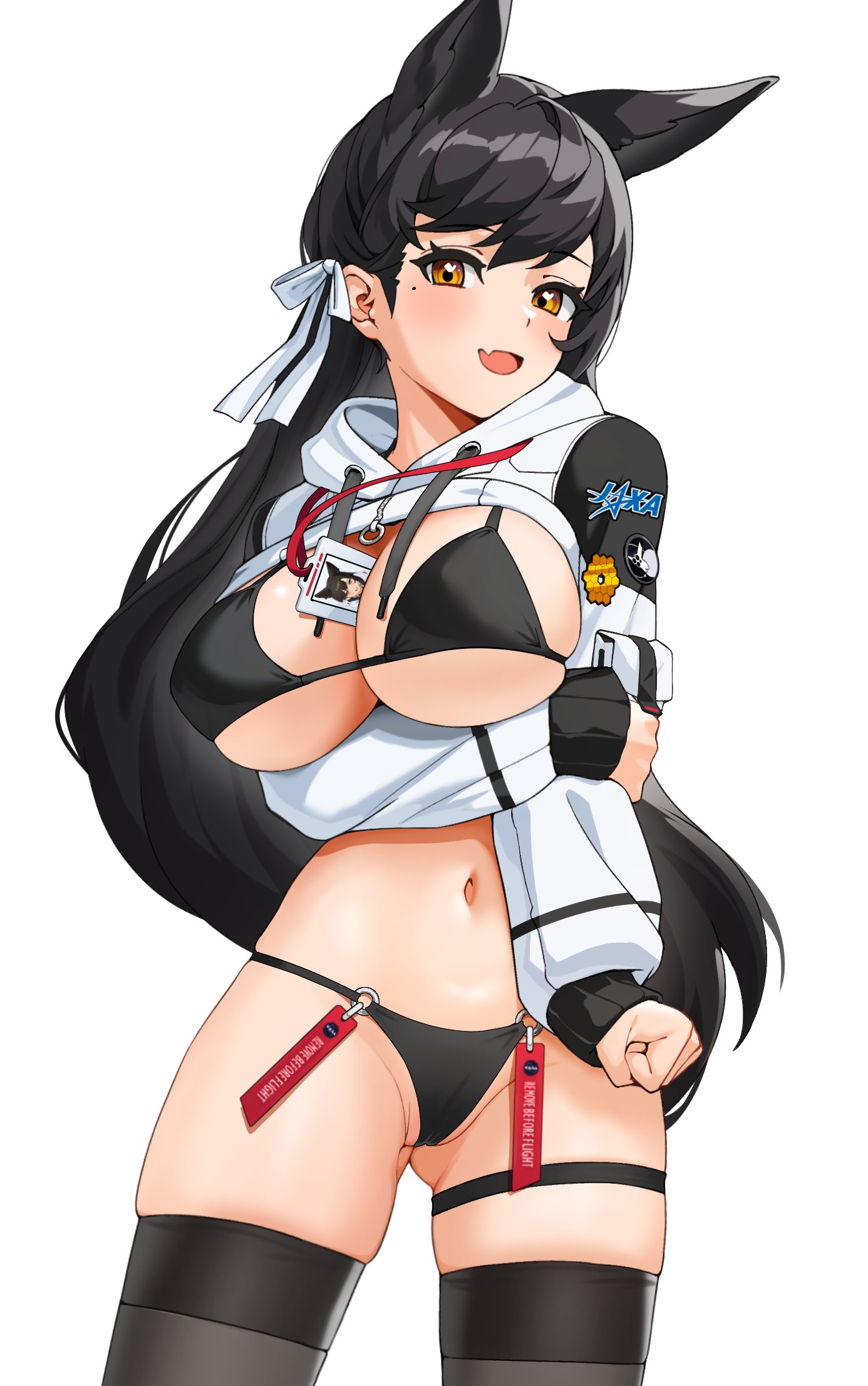 :d, animal ears, arm under breasts, atago (azur lane), azur lane, badge, bangs, between breasts, black bra, black hair, black legwear, black panties, bra, breasts, cameltoe, clenched hand, cowboy shot, ett, eyebrows visible through hair, female, hair ribbon, highres, hood, hoodie, hoodie lift, large breasts, light blush, long hair, looking at viewer, midriff, mole, mole under eye, name tag, navel, oerba yun fang, open mouth, panties, partially visible vulva, pussy, ribbon, skin fang, smile, solo, thigh strap, thighhighs, underboob, underwear, very long hair, white hoodie, white ribbon, yellow eyes