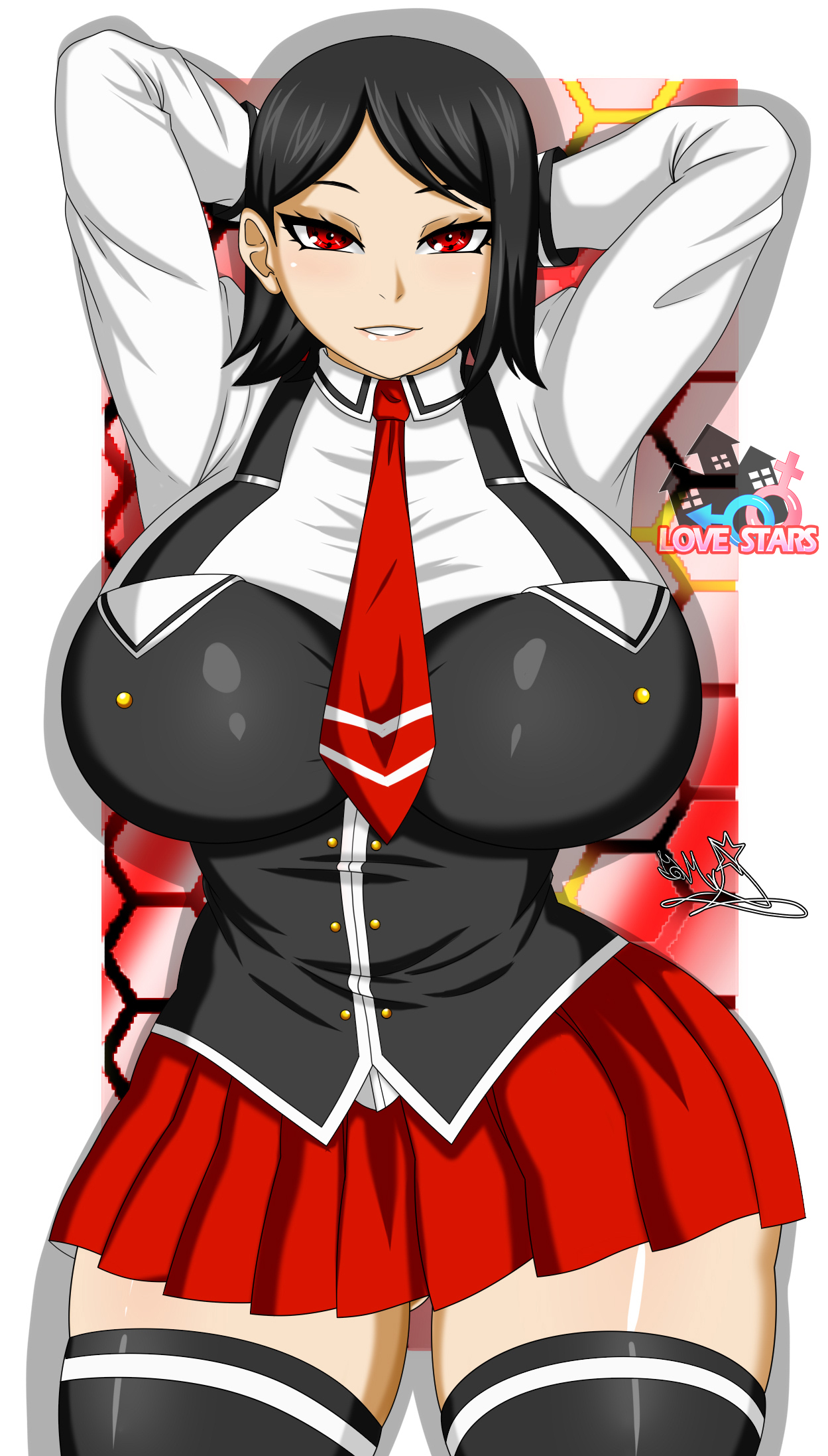 1girls, alternate body type, alternate breast size, alternate costume, big breasts, black hair, black legwear, boruto: naruto next generations, breasts, curvaceous, curvy, curvy body, curvy female, curvy figure, curvy hips, female, female focus, female only, hands behind head, huge breasts, large breasts, legwear, looking at viewer, naruto, naruto (series), raidon dimentional land, red eyes, sarada uchiha, seduction, seductive, seductive eyes, seductive look, seductive pose, seductive smile, slim waist, smiling, smiling at viewer, solo, solo female, thick thighs, thighhighs, thighs, voluptuous, wide hips