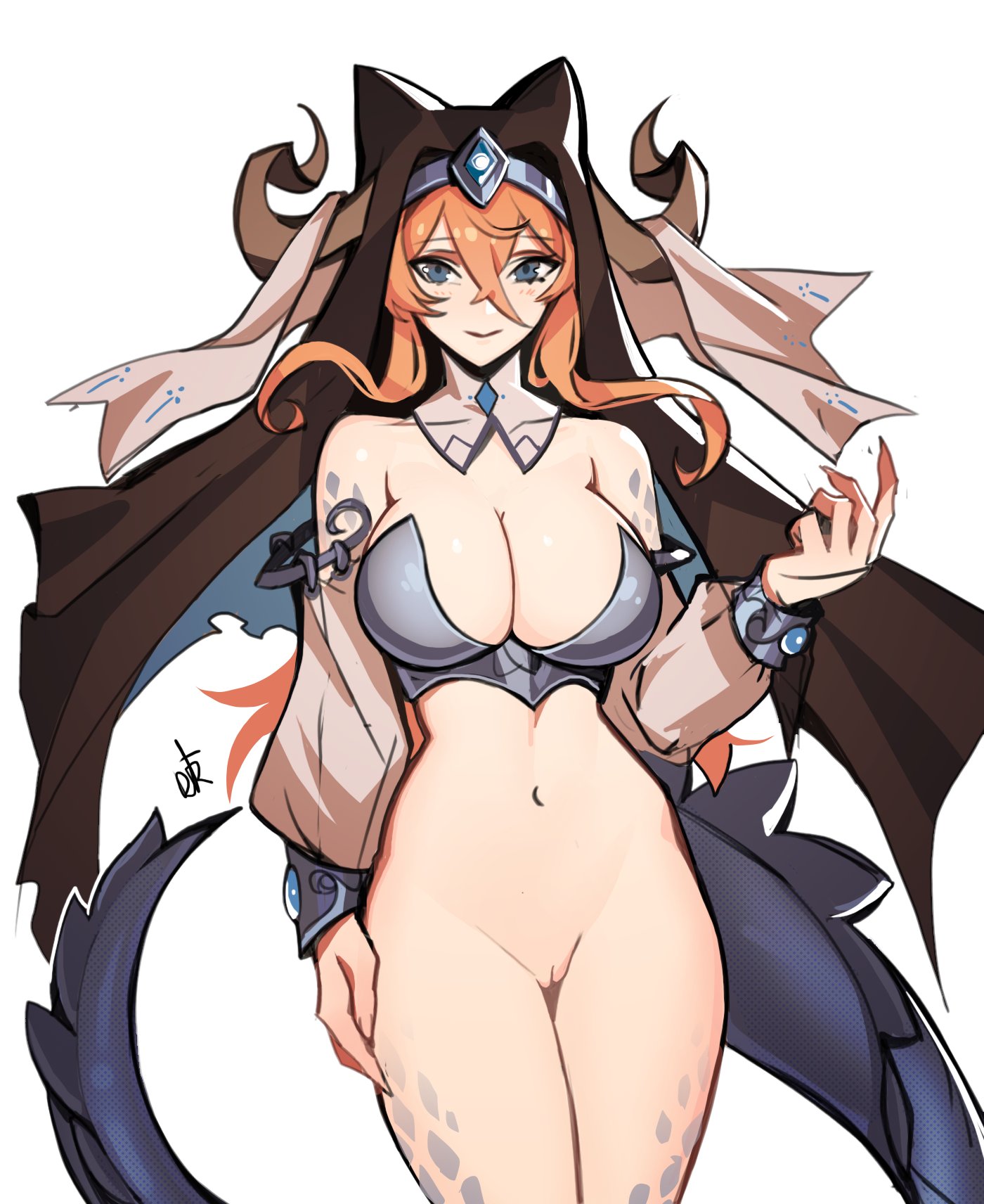 1girls, bare shoulders, blue eyes, blush, bottom, bottomless, breasts, detached collar, dragon girl, dragon horns, dragon tail, female, habit, hair between eyes, hand on hip, horns, large breasts, looking at viewer, navel, ninra, nun, orange hair, original, pussy, scales, sharp fingernails, smile, solo, tail