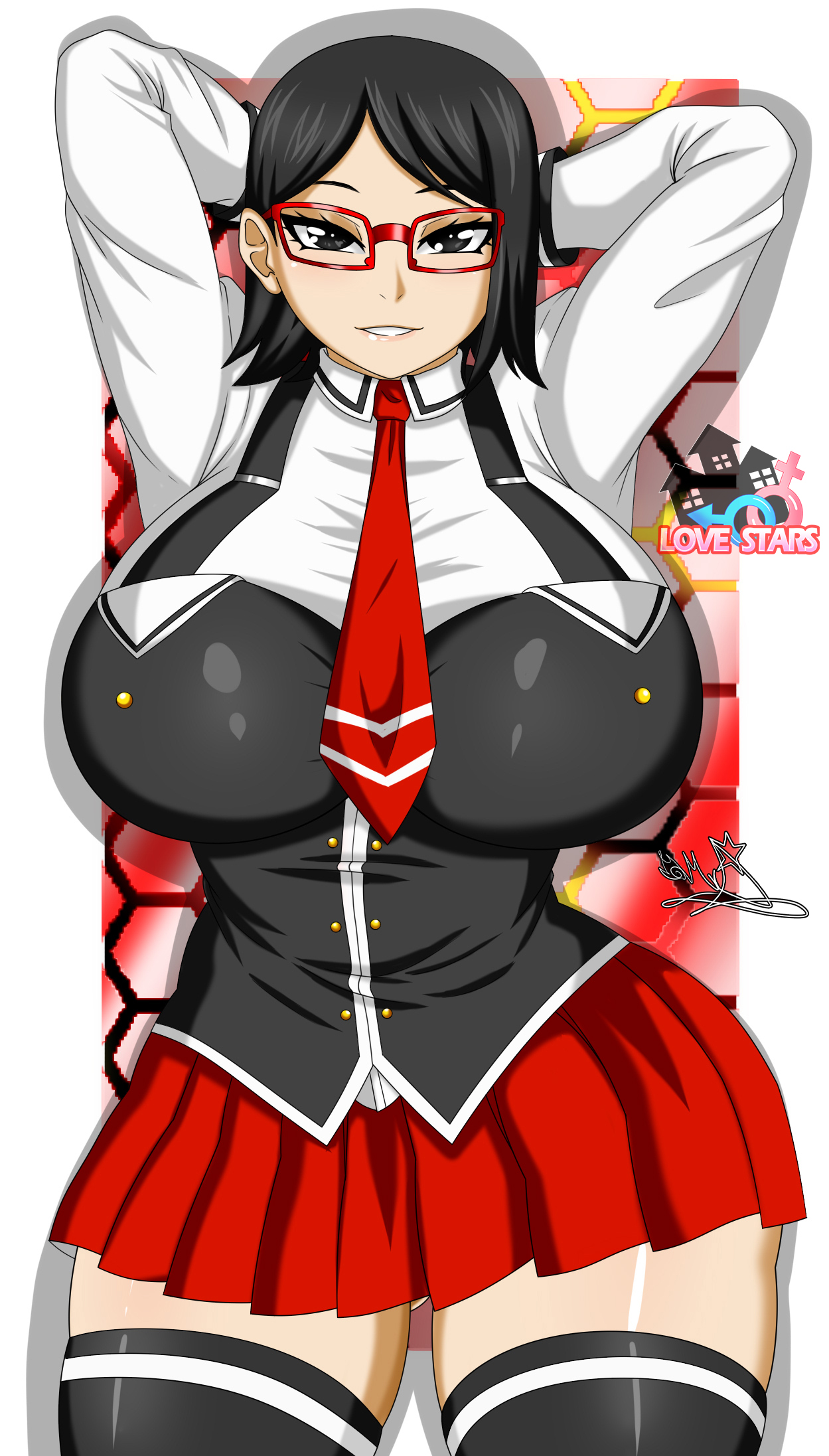 1girls, alternate body type, alternate breast size, bible black, big breasts, black eyes, black hair, boruto: naruto next generations, breasts, curvaceous, curvy, curvy body, curvy female, curvy figure, curvy hips, female, female focus, female only, glasses, hands behind head, huge breasts, large breasts, naruto, naruto (series), raidon dimentional land, sarada uchiha, seductive, seductive eyes, seductive look, seductive pose, seductive smile, slim waist, solo, solo female, thick thighs, thighhighs, thighs, thunder thighs, voluptuous, wide hips