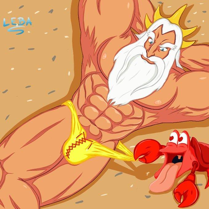 abs beach biceps crown daddy disney hands_behind_head king_triton laying_down male_only muscular_male posing tagme the_little_mermaid white_beard yellow_thong