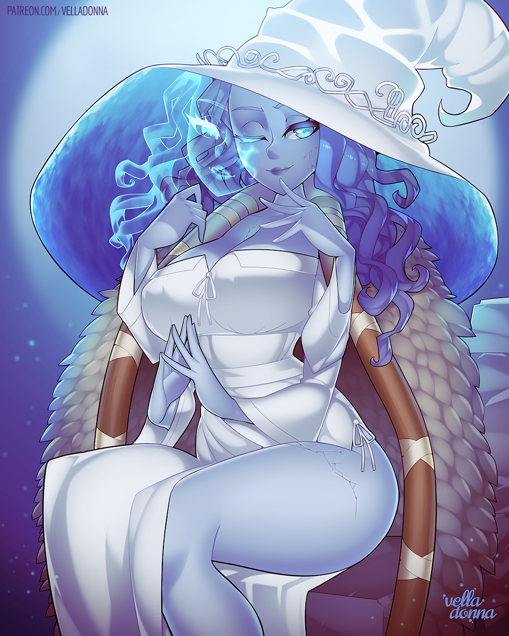 4 arms, big breasts, blue eyes, blue hair, blue skin, breasts, cape, cleavage, cracked skin, curly hair, elden ring, female, female only, fromsoftware, fully clothed, fur cape, long hair, looking at viewer, multi arm, multi limb, one eye closed, ranni the witch, side slit, sitting, smile, solo, thick thighs, velladonna, witch hat