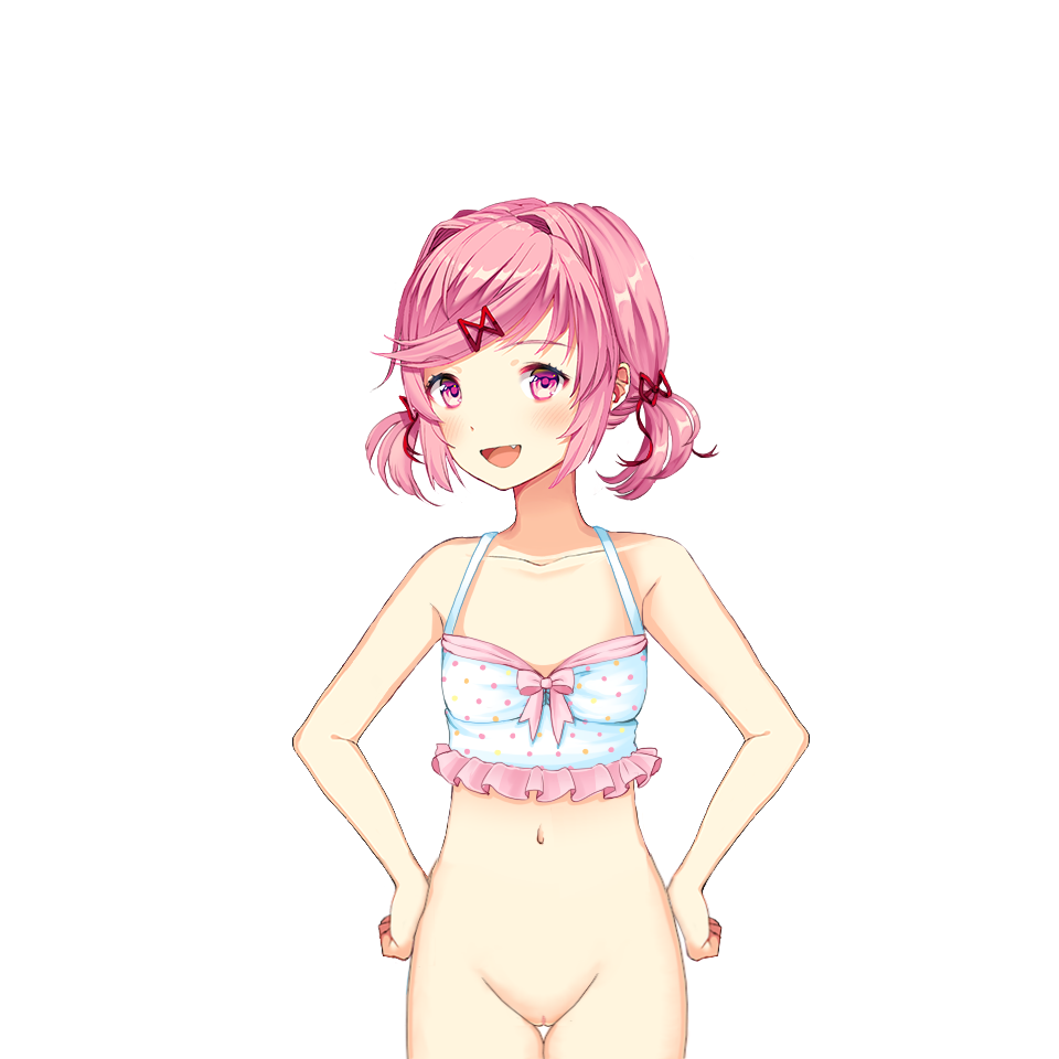 blush, blushing, bottomless, breasts, doki doki literature club, female, female focus, female only, flat chest, flat chested, looking at viewer, natsuki (doki doki literature club), open mouth, partially clothed, pink eyes, pink hair, pussy, small breasts, smile, smiling, solo, solo female, solo focus, teeth
