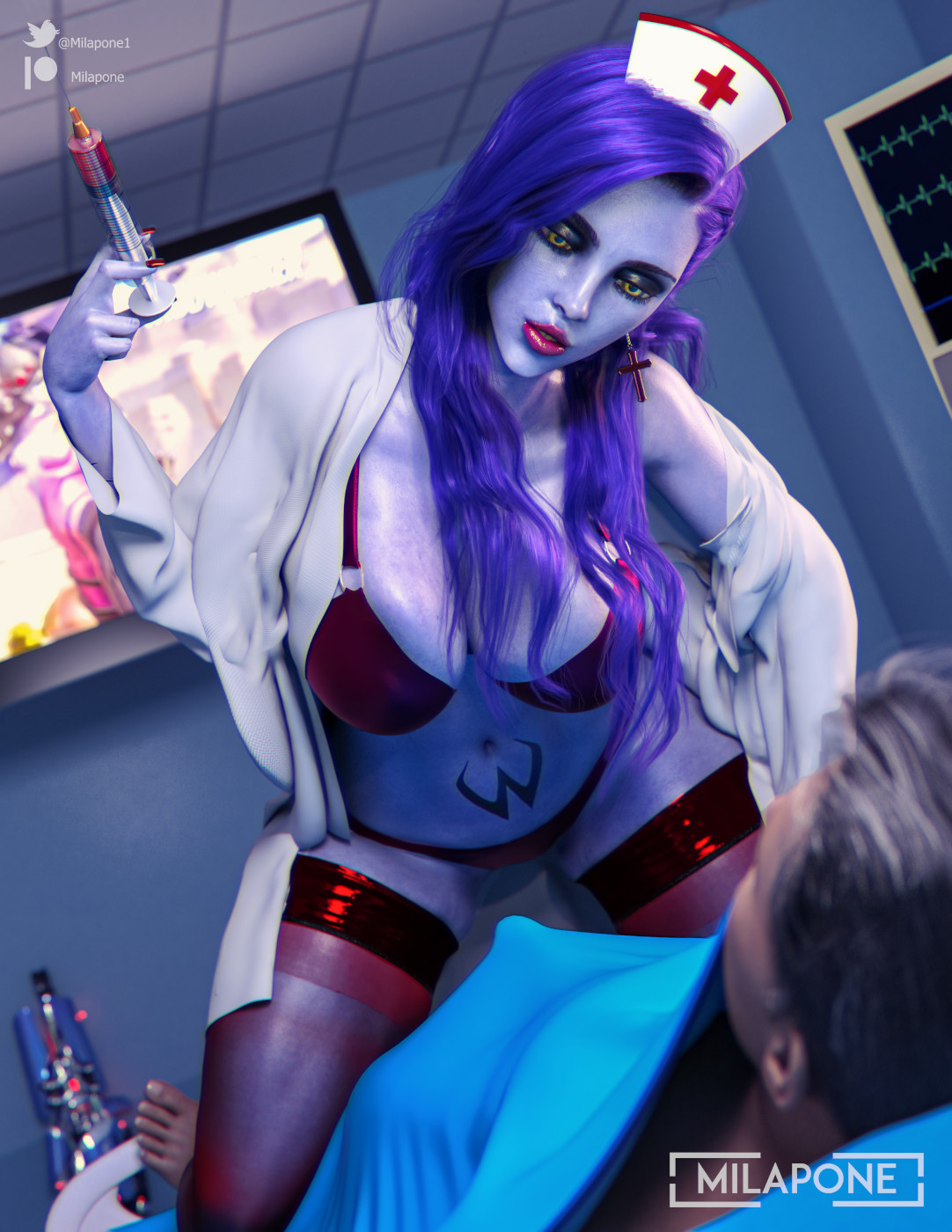 1boy, 1girls, 3d, breasts, cleavage, female, female focus, hi res, large breasts, male, milapone, nurse, nurse uniform, overwatch, panties, purple hair, purple skin, tattoo, thighhighs, widowmaker, yellow eyes