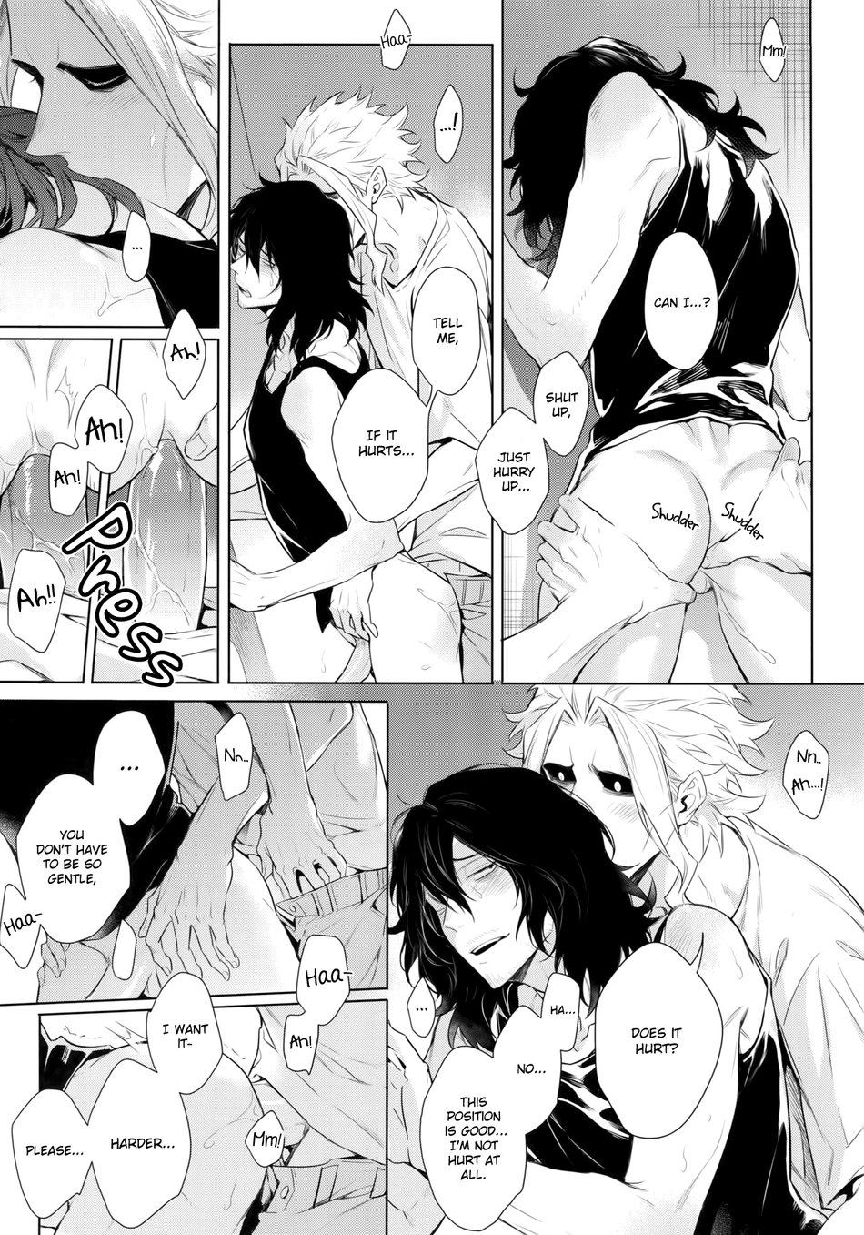 2boys all_might anal ass black_hair black_shirt dialogue gay half_naked lovely_hollow male/male male_moaning male_only my_hero_academia penetration shouta_aizawa speech_bubble toshinori_yagi yaoi