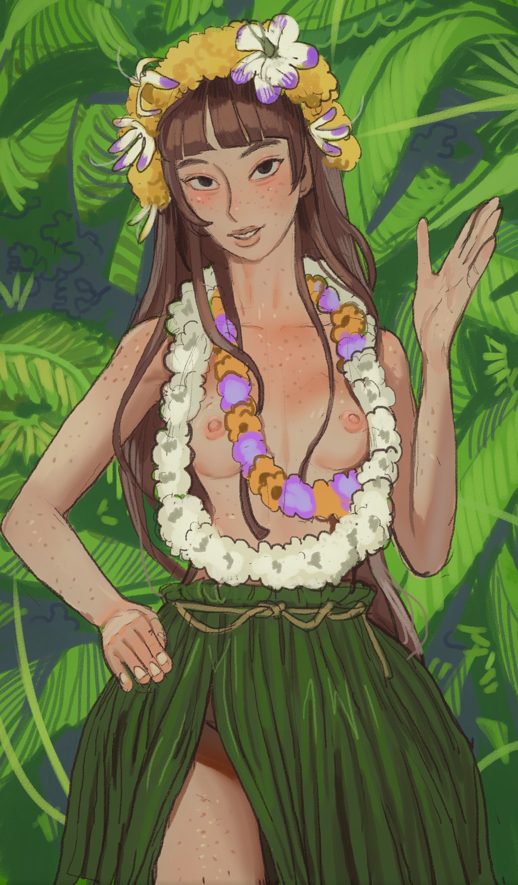 1girls 2022 areolae bangs breasts breasts_out clothing collarbone dancer female female_only flower_in_hair freckles grass_skirt hula human kara_eklund_(hitsujigoods) looking_at_viewer mossa neet_girl nipples pale_skin skinny small_breasts solo solo_female topless