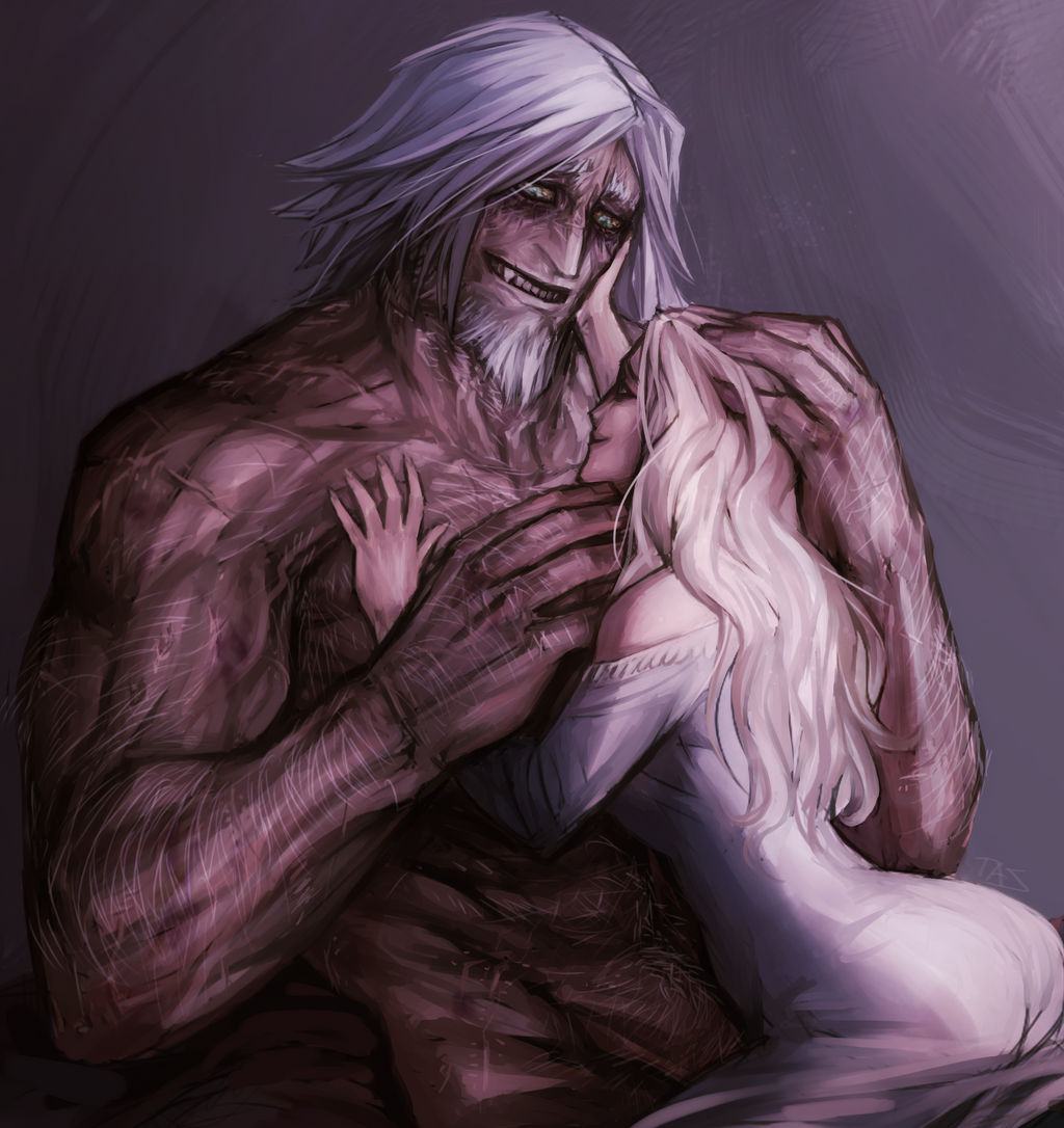 1boy 1girls beard blonde_hair bloodborne body_hair canon_couple dilf facial_hair fangs father_gascoigne female fromsoftware hairy hand_on_another's_head husband_and_wife larger_male long_hair looking_at_another male mature_female mature_male milf muscular_male nightgown nightmare_husbando painting_(artwork) raven-blood-13 scars sharp_teeth size_difference smaller_female smile topless_male viola_(bloodborne) werewolf white_hair wholesome