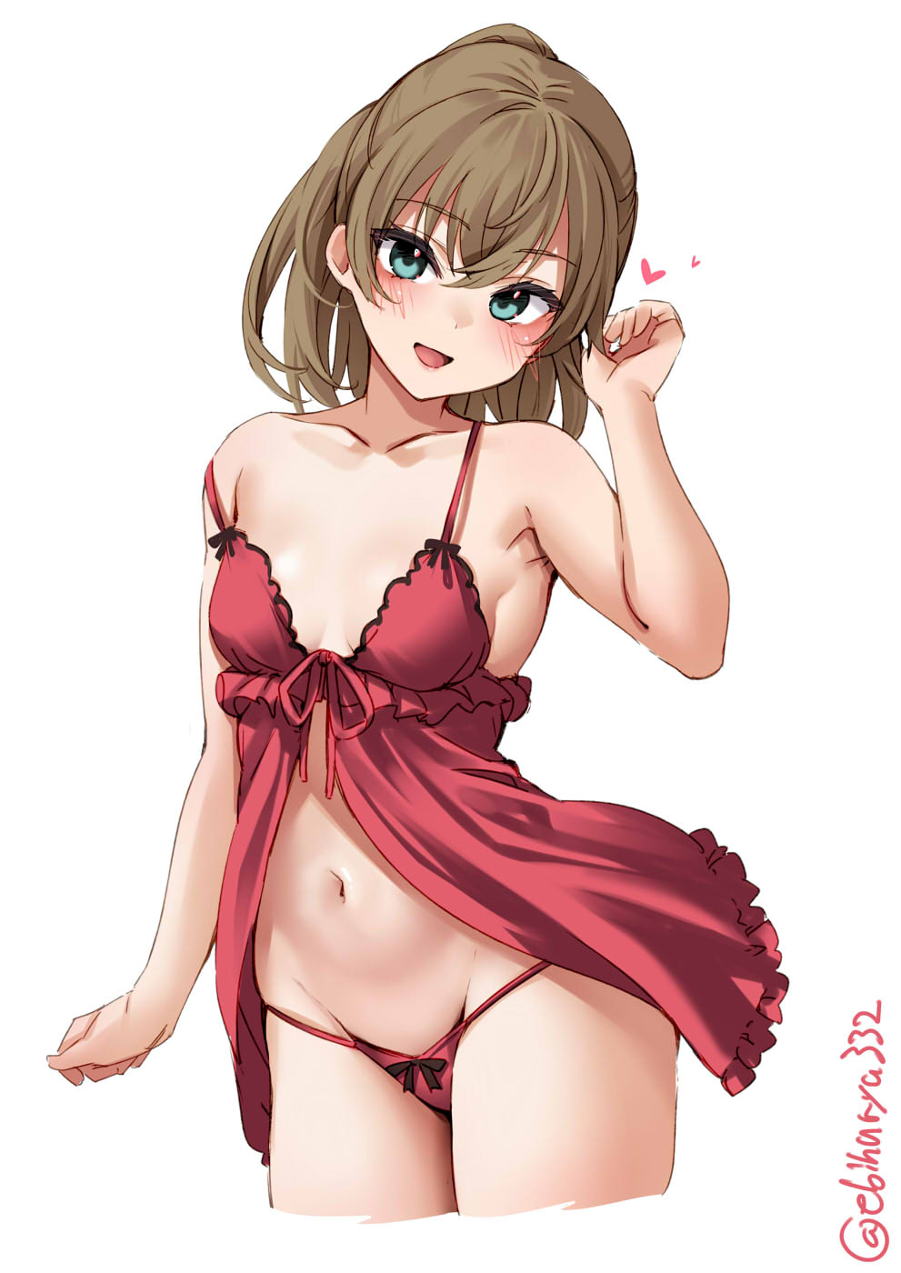 aqua_eyes babydoll bare_shoulders breasts brown_hair collarbone cowboy_shot cropped_legs crotch ebifurya female highres kantai_collection kumano_(kantai_collection) long_hair navel one-hour_drawing_challenge open_mouth panties ponytail red_babydoll red_panties simple_background small_breasts smile solo stomach strap_slip twitter_username underwear white_background