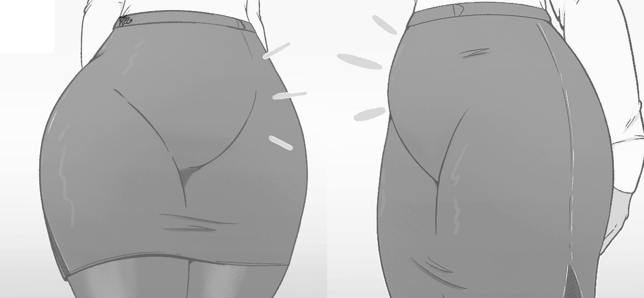 belly, female, greyscale, pencil skirt, pose, presenting belly, riley moore (artist), stockings, tagme, thick thighs, thighs, tights, tummy