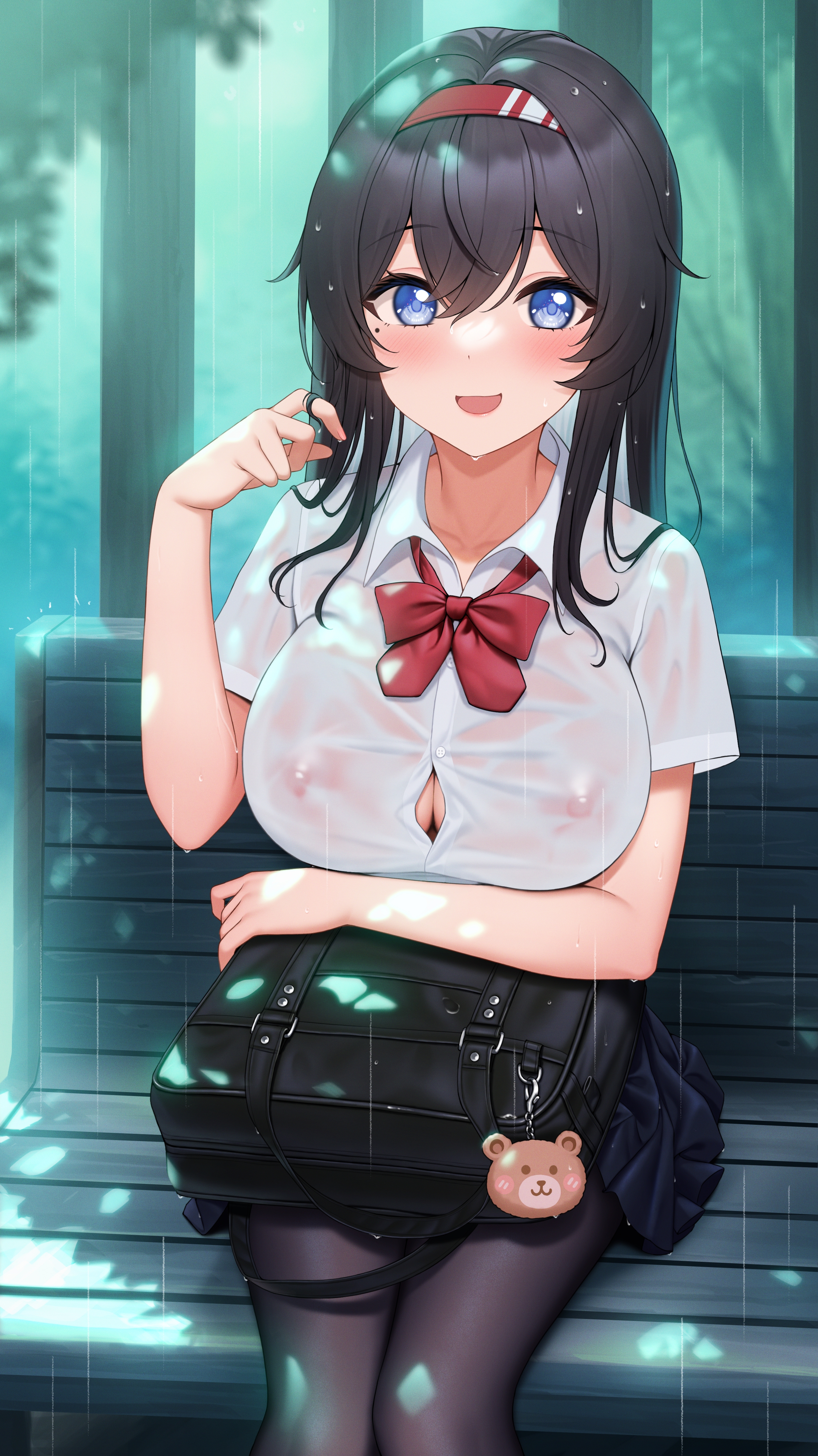1girls, black hair, black legwear, black skirt, blue eyes, breasts, female, fukuro ko (greentea), highres, huge breasts, kayoko (fukuro ko), legwear, looking at viewer, mole, mole under eye, nipples, nipples visible through clothing, original, original character, rain, raining, red ribbon, sitting, smile, solo, thighhighs, wet, wet clothes, wet shirt, white shirt