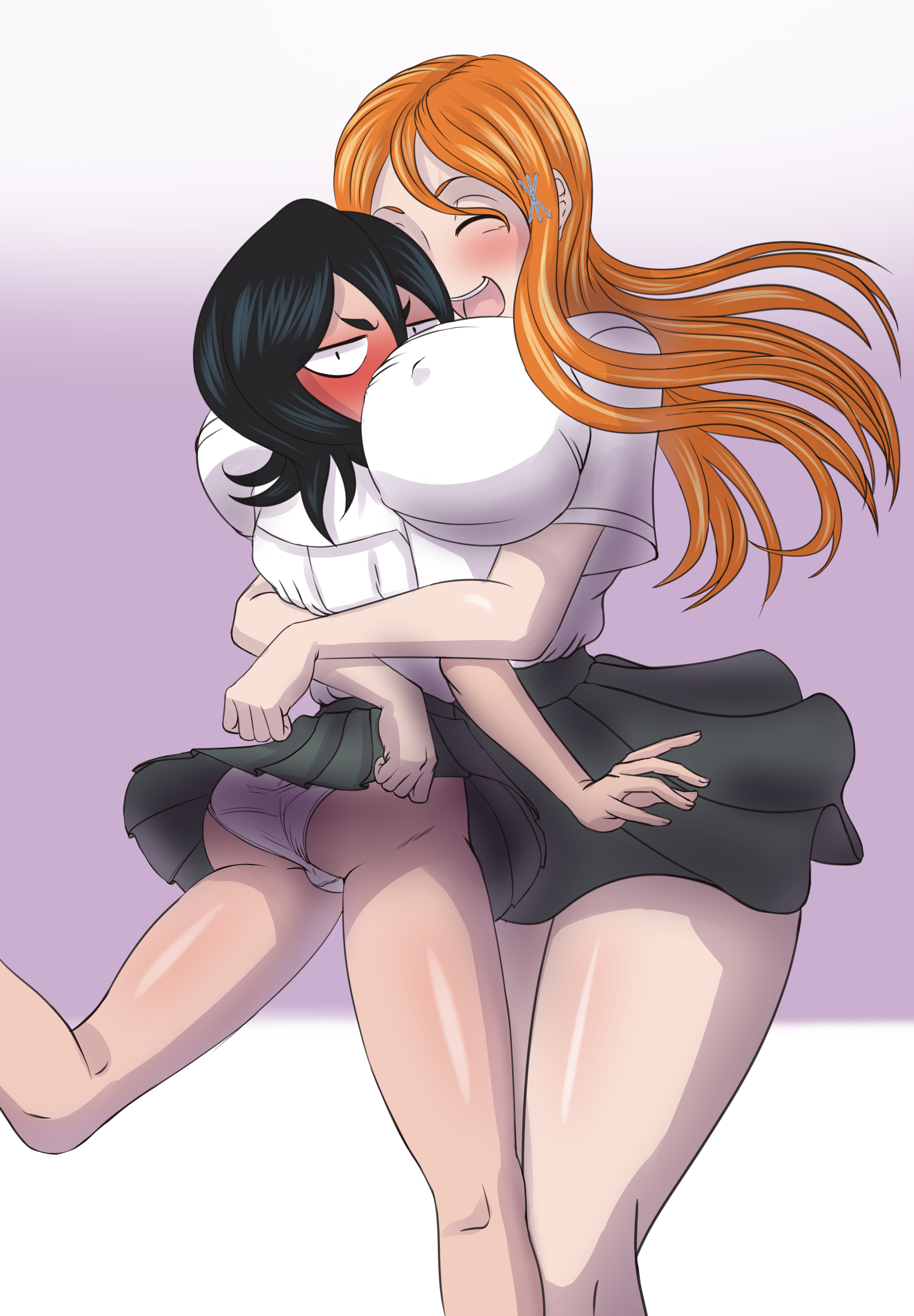 2girls, angry, annoyed, ass, ass crack, between breasts, black hair, bleach, blush, breast envy, breast press, breast size difference, breasts, bust, busty, butt crack, closed eyes, embarrassed, erect nipples, erect nipples under clothes, female, female only, happy, happy female, head between breasts, heavy blush, hug, hugging, implied yuri, inoue orihime, irritated, jealous, karuro-kun, kuchiki rukia, larger female, light skin, light-skinned female, long hair, long orange hair, looking at viewer, looking back, multiple females, multiple girls, nipples, open mouth, oppai, orange hair, paipan, pale skin, pale-skinned female, panties, round ass, school uniform, schoolgirl, shirt, short black hair, size difference, skirt, smaller female, smile, squeezing, taller female, undershirt, unhappy, unhappy female, voluptuous, yuri
