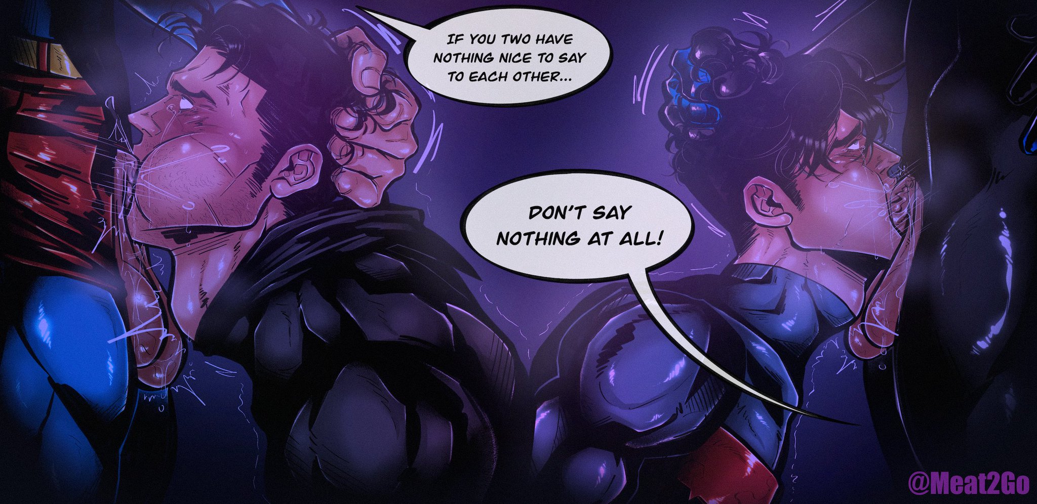 4boys, balls, batman, batman (bruce wayne), batman (series), bruce wayne, cheek bulge, clark kent, dc, dc comics, deepthroat, dialogue, dick grayson, fellatio, gay, gay sex, holding head, jason todd, justthemeat/meat2go, kal-el, male, male only, nightwing, oral, oral sex, red hood (dc), superman, superman (clark kent), superman (series), uncensored, yaoi