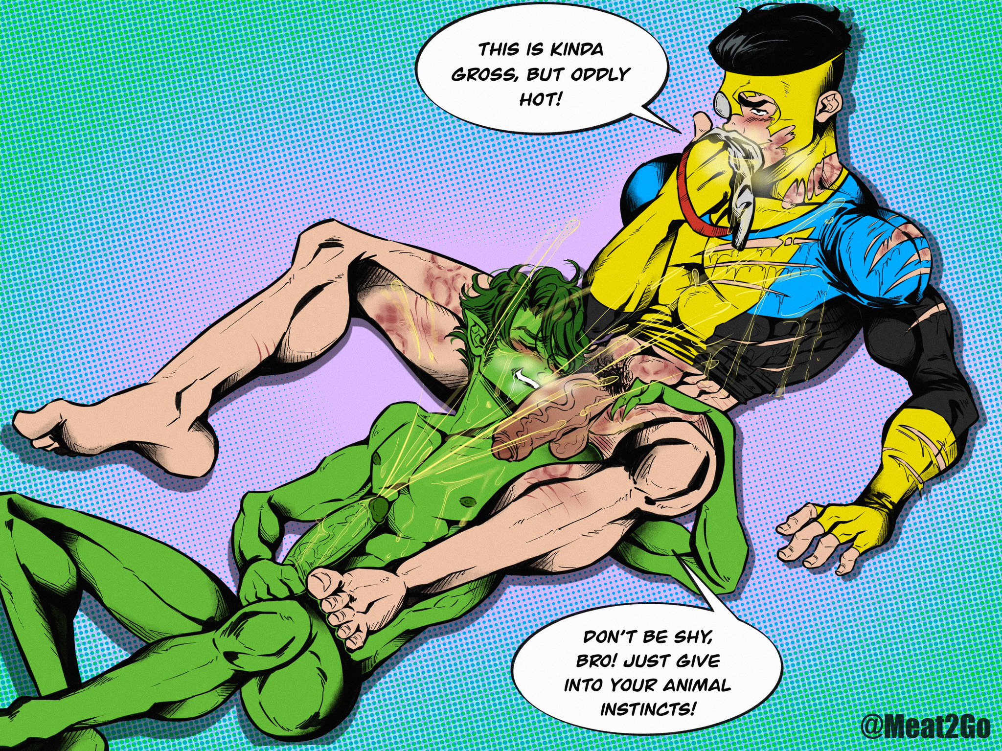 2boys, abs, balls, ballsack, beast boy, beast boy (new 52), black hair, boner, bottomless, dc, dc comics, dialogue, erect penis, erection, feet, foreskin, garfield logan, gay, golden shower, green hair, green penis, green skin, half-erect, hard on, human, humanoid, humanoid penis, invincible, invincible (comics), justthemeat/meat2go, lean muscle, male, male nipples, male only, male pubic hair, male/male, mark grayson, masculine, masculine male, muscles, muscular, muscular male, new 52, nipples, nude, nude male, partially retracted foreskin, pecs, pee, peeing, peeing on another, peeing on self, penis, penis grab, penis out, piss, pissing, pissing on another, pissing on face, pissing on self, pubic hair, retracted foreskin, scrotum, smooth skin, smooth skinned male, sniffing, superhero, teenage male, testicles, uncircumcised, uncut, urination, urine, veiny penis, watersports, yaoi