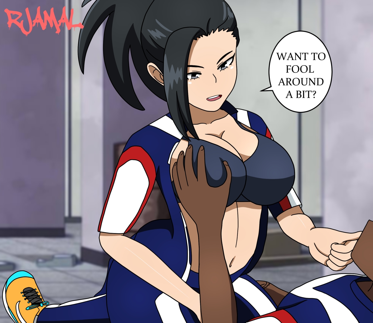 1boy, 1girls, black hair, black-haired female, bra, breast grab, breasts, dark skin, dark-skinned male, female, interracial, male, momo yaoyorozu, my hero academia, original character, partially clothed, rjamal, straight, u.a. gym uniform