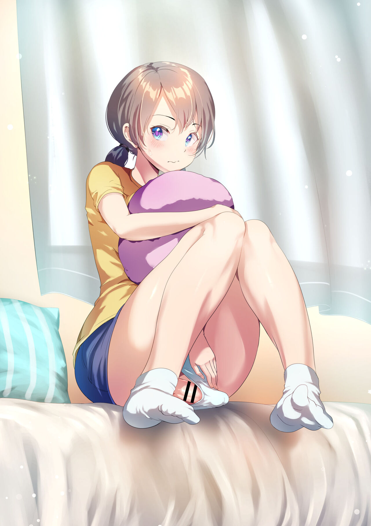 1futa, ankle socks, anklehighs, ayanakitori, blue eyes, blush, breasts, brown hair, censored, clothed, clothing, erection, erection in panties, erection under clothes, fully clothed, futa only, futa sans balls, futanari, human, intersex, light skin, light-skinned futa, mosaic censoring, panties, partially clothed, penis, penis under clothes, shirt, short hair, sitting, socks, sweat, tenting, twintails, white socks, yellow shirt