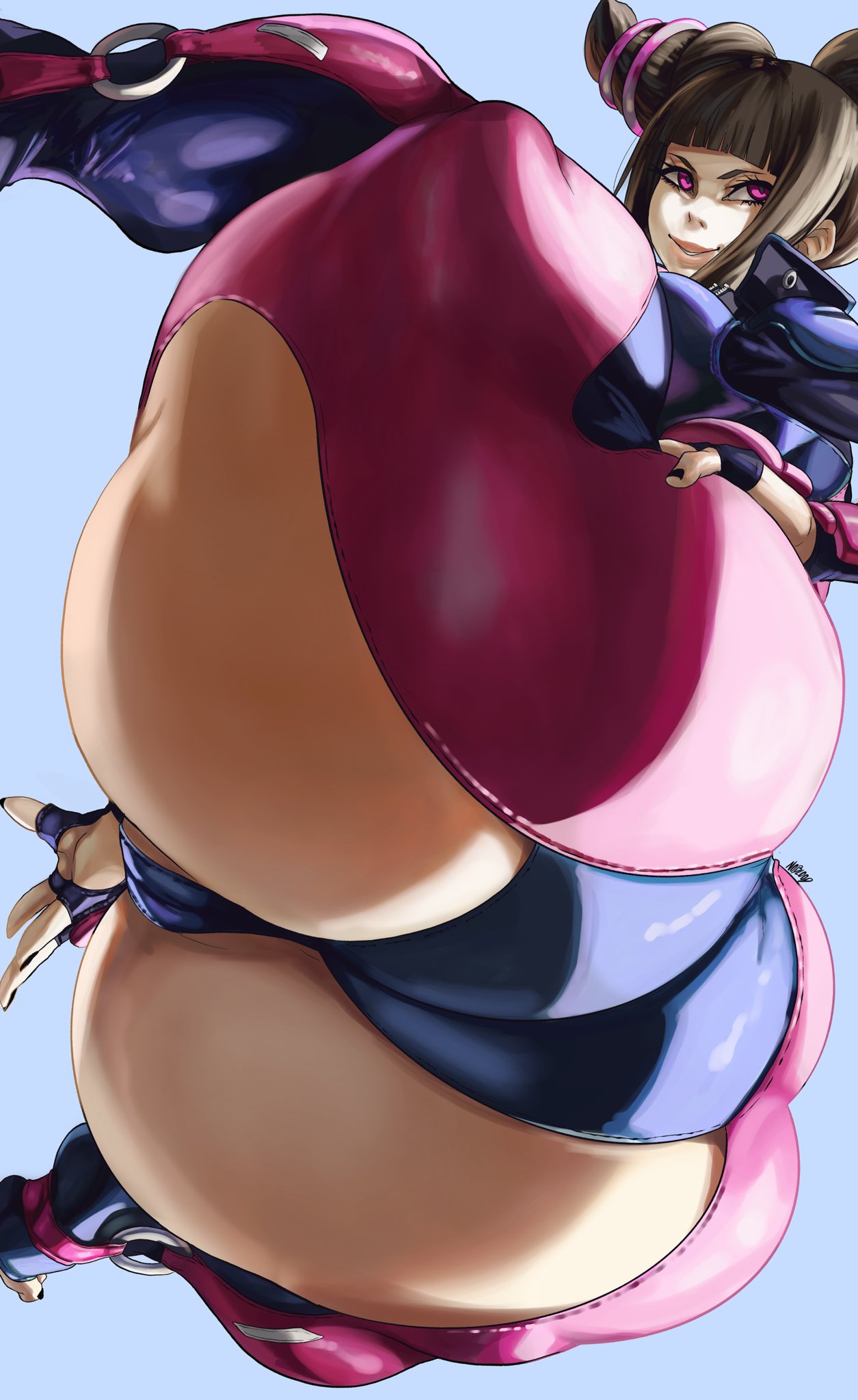 1girls, 2022, ass, ass focus, ass up, big ass, black hair, bodysuit, capcom, female, female focus, female only, highres, huge ass, juri han, light skin, light-skinned female, looking at viewer, massive ass, noblood, pale skin, pale-skinned female, posing, purple eyes, ryandomonica, short hair, simple background, smile, solo, solo female, solo focus, squatting, street fighter, thick thighs, voluptuous, wide hips