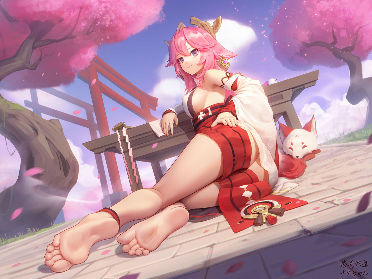artist request, barefoot, feet, female, foot fetish, genshin impact, looking at viewer, looking back, pink hair, purple eyes, soles, toes, yae miko