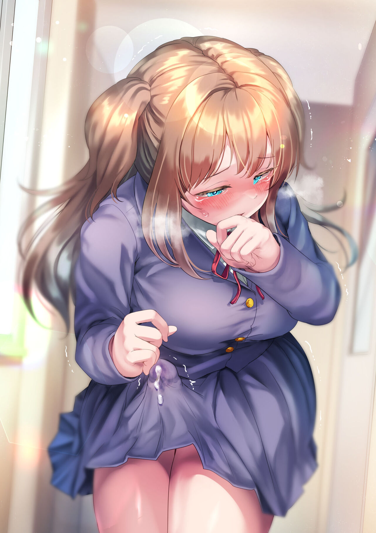 1futa, after orgasm, ayanakitori, bent over, blue eyes, blush, bottomless skirt, breasts, brown hair, bulge, clothed, clothing, cum, cum in clothes, cum through clothes, cumdrip, cumshot, detailed background, dickgirl, ejaculation, erection, erection under clothes, erection under skirt, female, front view, fully clothed, futa only, futa sans balls, futanari, hands-free, handsfree ejaculation, heavy breathing, human, intersex, light skin, light-skinned futa, long hair, orgasm without stimulation, penis, penis bulge, penis under clothes, penis under skirt, school uniform, schoolgirl, skirt, skirt lift, spontaneous ejaculation, spontaneous orgasm, standing, sweat, tenting, twintails, wide hips