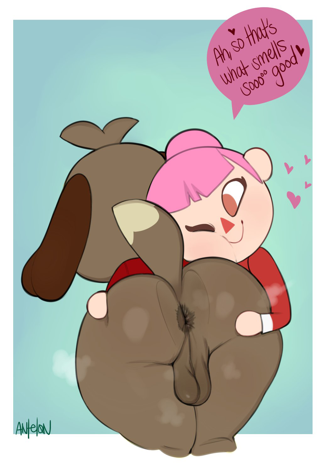 1boy 1girls anal_musk animal_crossing antelon anthro anus ass balls bottomless butt_grab butt_hug butt_sniffing butt_to_cheek canid canine canis clothed clothing dialogue digby_(animal_crossing) digital_media_(artwork) dipstick_tail domestic_dog duo edit english_text face_squish faceless_character faceless_male female female_on_anthro genitals hair hand_on_another's_butt hand_on_butt heart hi_res human human_on_anthro interspecies looking_at_anus male male/female mammal markings musk nintendo one_eye_closed pink_hair presenting_partner pussy rear_view smile sniffing speech_bubble spread_butt spread_pussy spreading squish steam tail_markings text text_with_heart video_games villager_(animal_crossing)