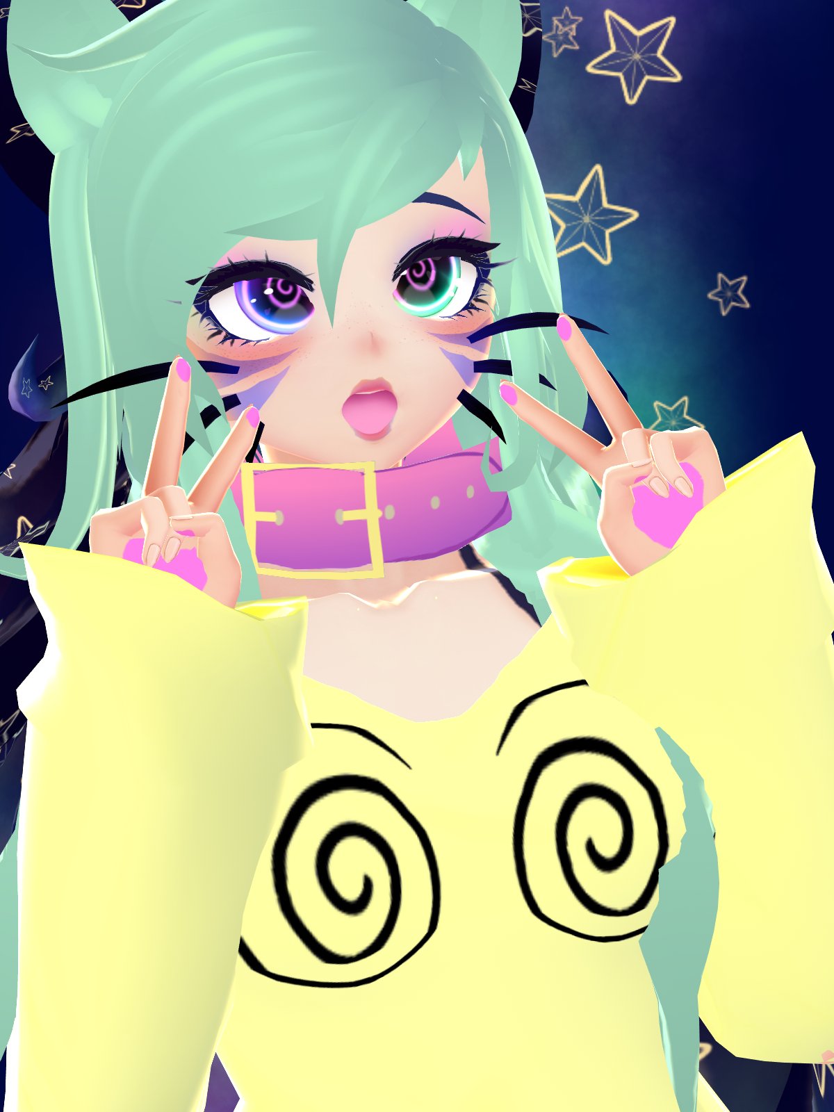 ahe gao, black hair, bra strap, cat ears, cat girl, catgirl, clothing, collar, female, green hair, hypnosis, hypnotic eyes, illythekitty, long hair, mind break, mindbreak, mindfuck, multicolored hair, peace sign, shirt, spiral eyes, star, stars, sweater, whiskers whichen