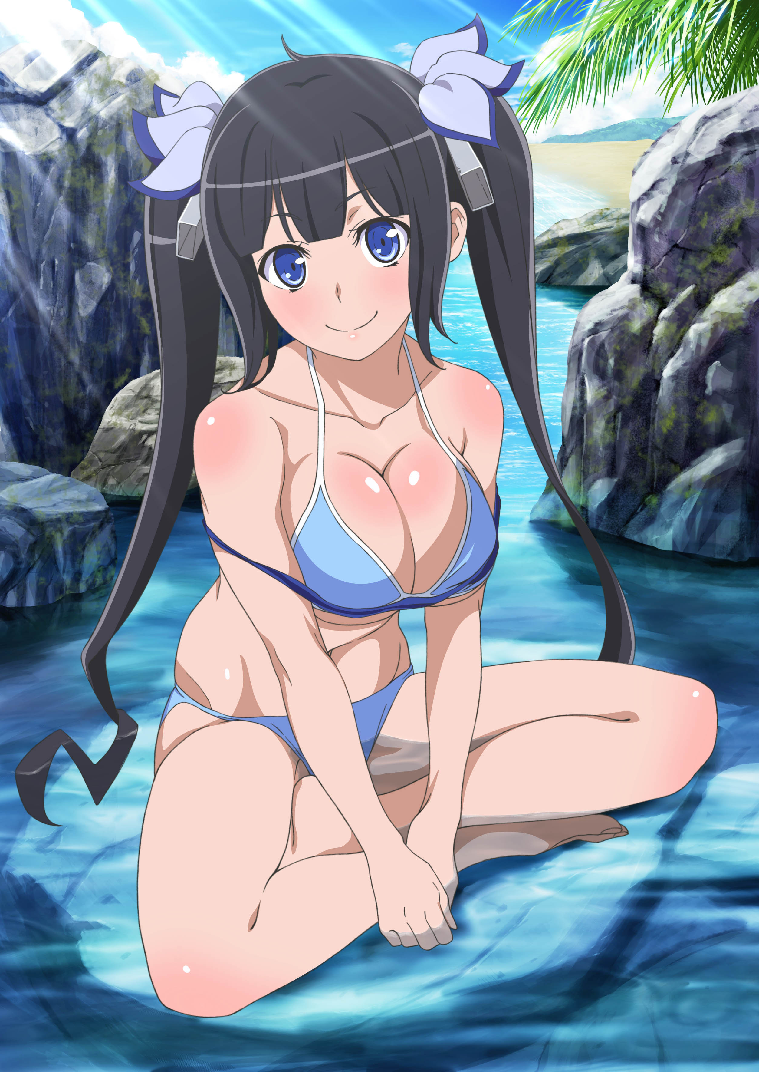 :), 1girls, big breasts, bikini, black hair, blue eyes, breasts, detailed background, dungeon ni deai wo motomeru no wa machigatteiru darou ka, female, female focus, female only, goddess, hestia (danmachi), smile, solo, swimsuit, tagme, twintails, wakusei-planet, watermark