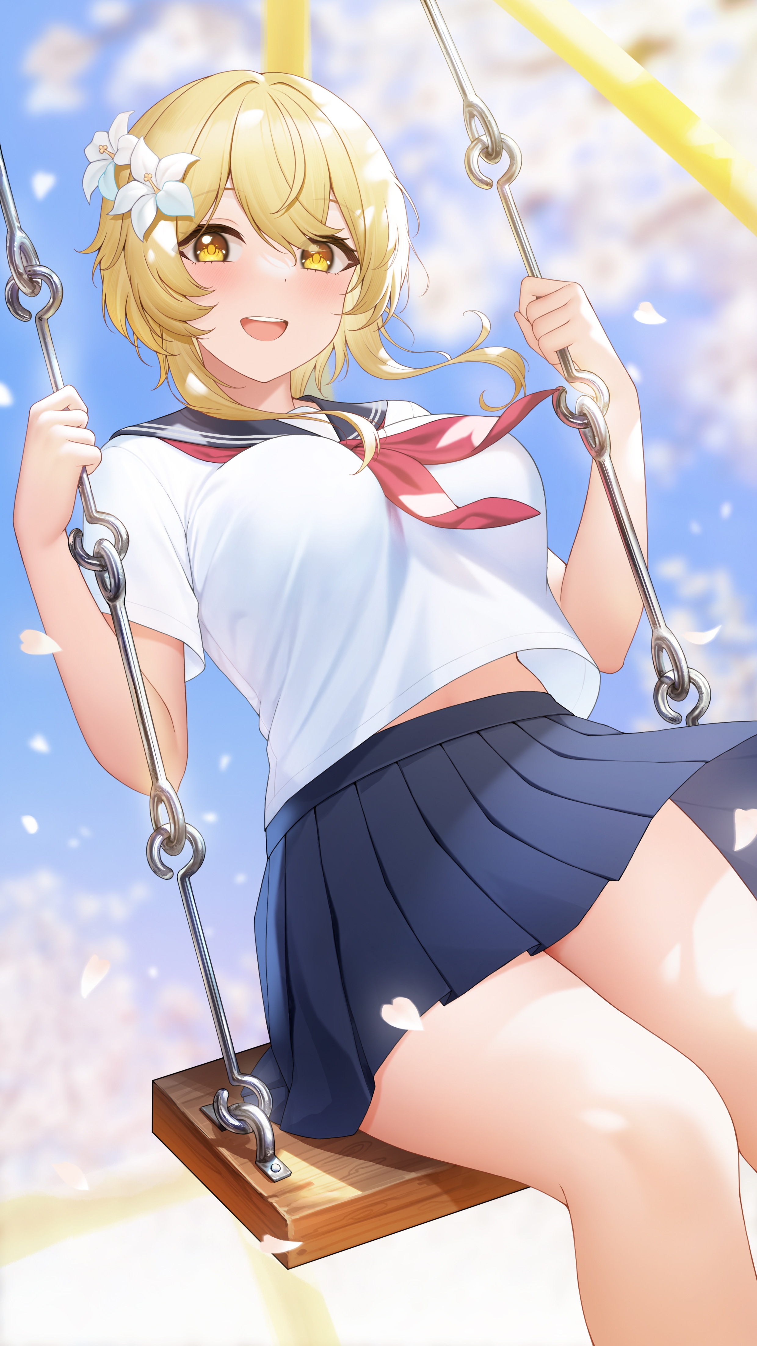 1girls, blonde hair, blue skirt, blurry, blurry background, breasts, female, flower, fukuro ko (greentea), genshin impact, hair flower, hair ornament, highres, huge breasts, looking at viewer, lumine (genshin impact), open mouth, sailor collar, school uniform, sitting, skirt, smile, solo, swing, thighs, yellow eyes
