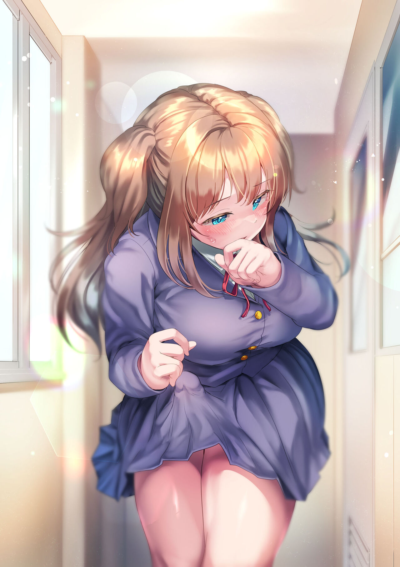 1futa, ayanakitori, bent over, blue eyes, blush, breasts, brown hair, bulge, clothed, clothing, detailed background, erection, erection under clothes, erection under skirt, female, front view, fully clothed, futa only, futanari, human, intersex, light skin, light-skinned futa, long hair, penis, school uniform, schoolgirl, skirt, standing, sweat, tenting, twintails, wide hips