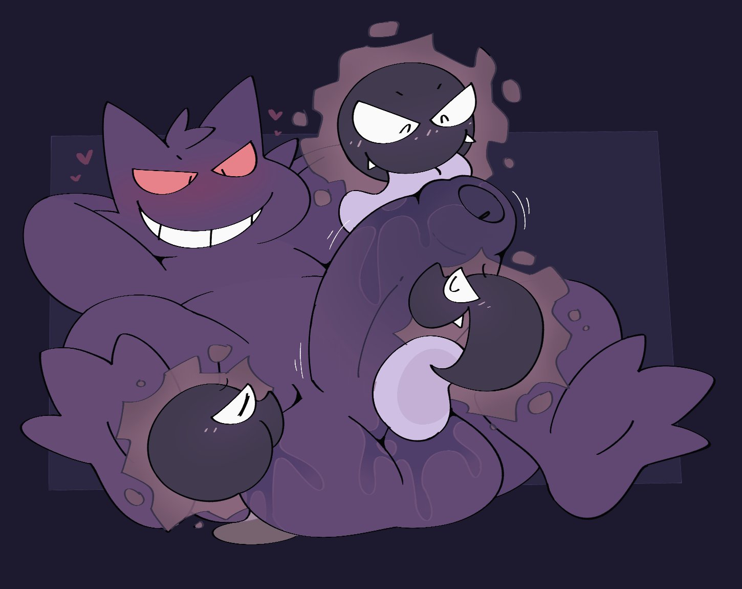 4boys, anthro, balls, big balls, big penis, birdvian, black eyes, blush, gastly, gay, gengar, heart, hyper, hyper balls, hyper penis, licking, licking balls, licking penis, male, male only, nintendo, penis, pokemon, pokemon (species), purple background, purple body, red sclera, smiling, video games, white sclera