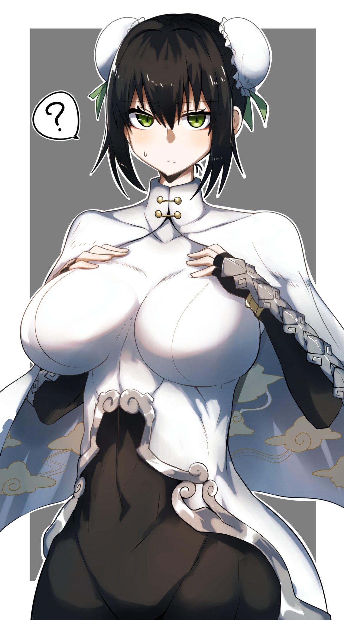 black_hair bun_cover female female_only gin_moku green_eyes large_breasts qin_liangyu_(fate) question_mark tagme tight_clothing