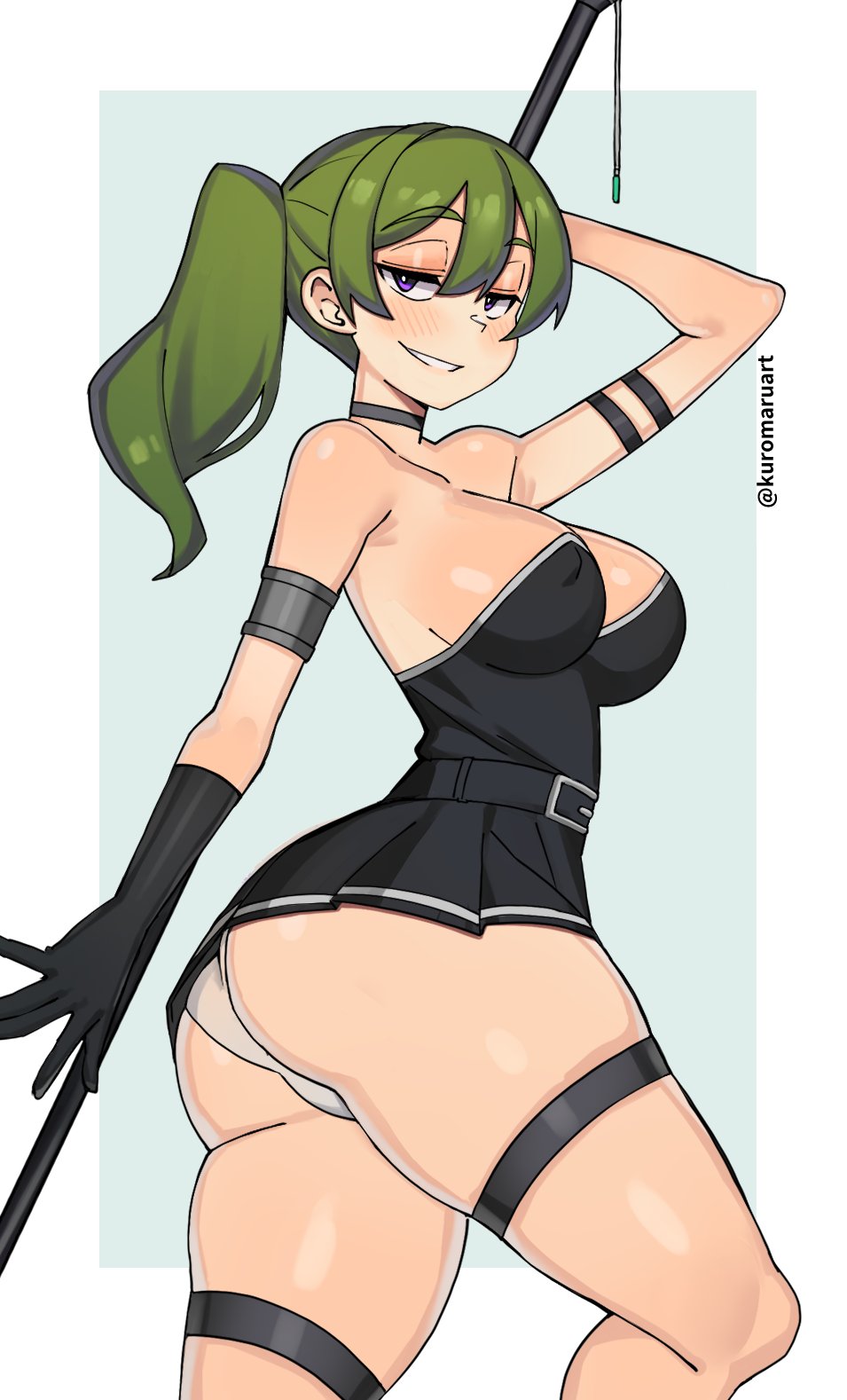 1girls armlet ass belt big_ass big_thighs bottom_heavy breasts cleavage dark_green_hair exposed_panties eyes female female_only green_hair half-closed_eyes huge_ass kneepits kuromaruart large_breasts looking_at_viewer minidress miniskirt panties pantyshot pawg purple_eyes seductive_eyes seductive_look side_ponytail skirt smile smirk smug solo sousou_no_frieren staff thick_ass thighlet thighs ubel_(sousou_no_frieren) upskirt weapon white_panties