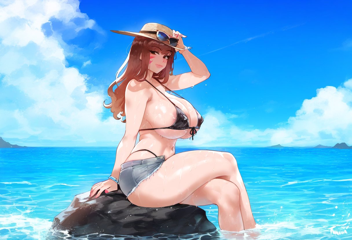 1girls adjusting_hat ai_generated areola_slip bangs beach breasts crossed_legs d.va denim_shorts eyebrows_visible_through_hair female female_only large_breasts looking_at_viewer micro_bikini nipple_bulge overwatch overwatch_2 sitting solo sunglasses_on_head thiccwithaq_(ai_style) thighs thong tsunoko_(artist) water whale_tail wide_hips