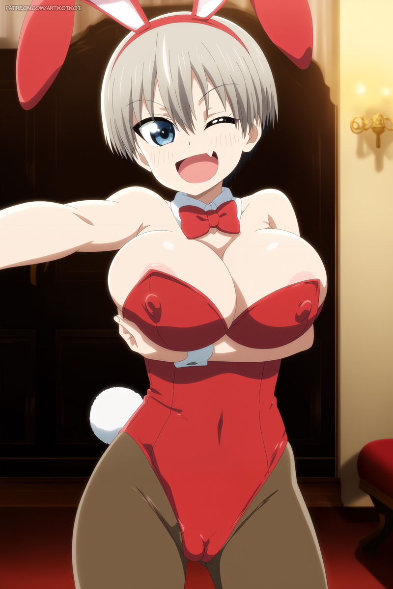 ai_generated areolae artkoikoi big_breasts blue_eyes bowtie bunny_ears bunny_girl bunny_tail bunnysuit cameltoe cleavage cotton_tail erect_nipples erect_nipples_under_clothes female female_focus female_only grey_hair hi_res holding_breast huge_breasts koikoi looking_at_viewer oerba_yun_fang pink_areola pushing_breasts_up pussy_lips pussy_outline red_bunnysuit solo solo_female solo_focus uzaki-chan_wa_asobitai! uzaki_hana winking_at_viewer