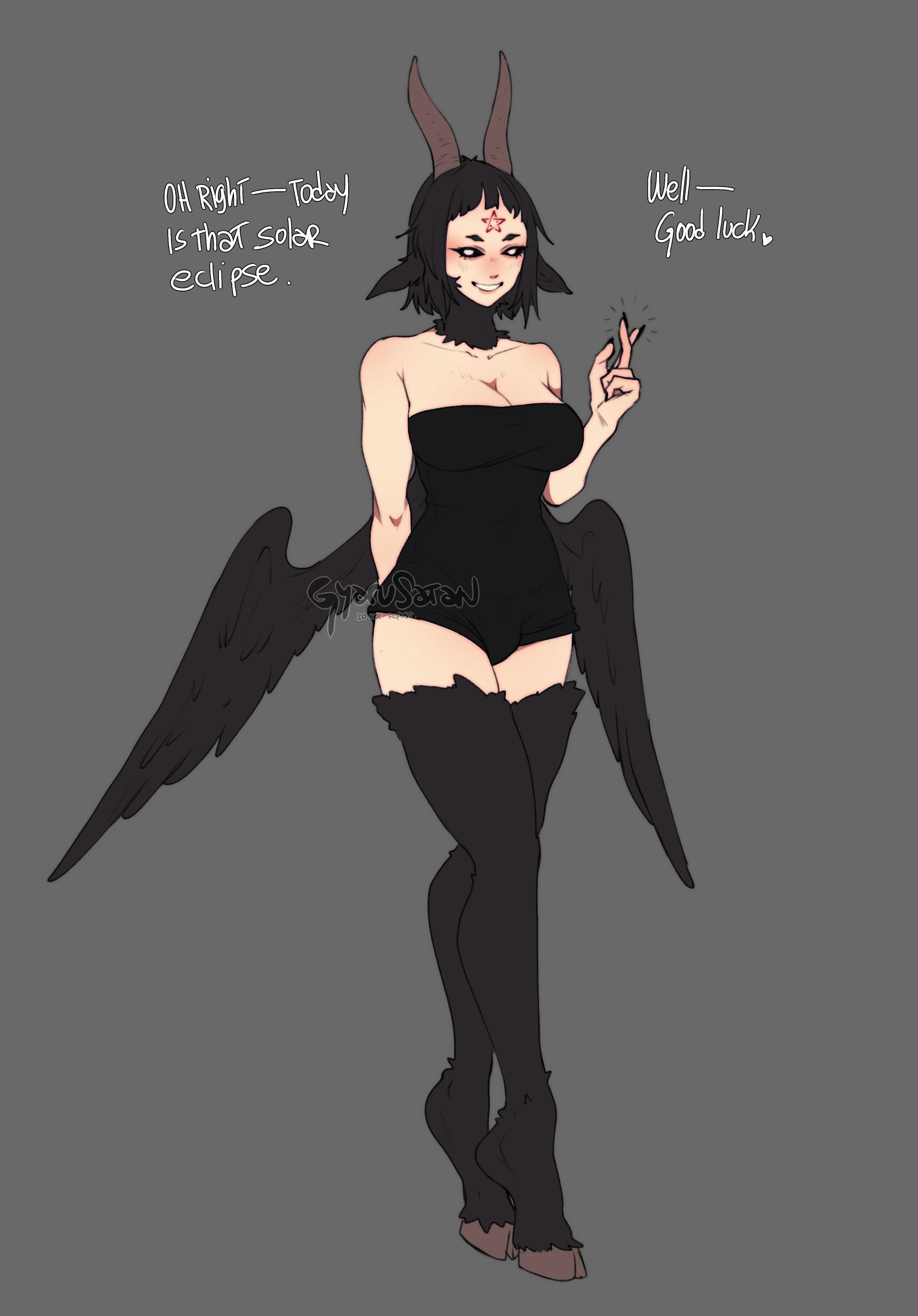 1futa, bangs, bapho (gyarusatan), black feathers, black hair, black sclera, breasts, bulge, clothed, clothing, demon, demon futa, demon horns, dialogue, dress, english text, feathered wings, futa only, futanari, goat demon, grey background, gyarusatan, hi res, hooves, horns, humanoid, intersex, leg fur, light skin, light-skinned futa, looking at viewer, mostly clothed, short hair, smiling, smiling at viewer, solo, standing, talking to viewer, text, white eyes, wings