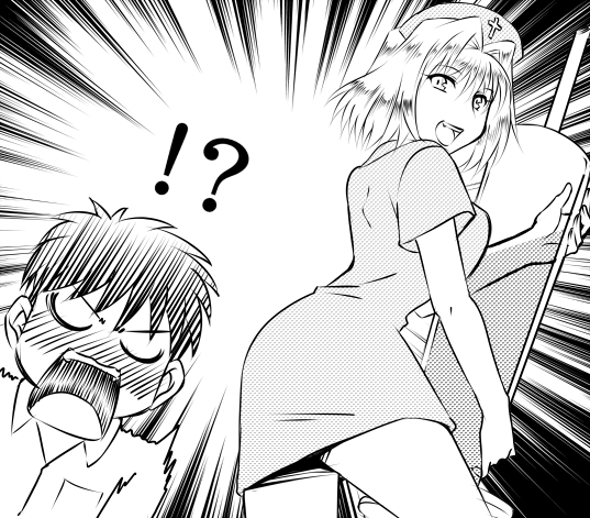 !? 1boy arcueid_brunestud blush breasts commentary_request dress emphasis_lines female from_behind greyscale hair_intakes hat large_breasts large_syringe monochrome nurse nurse_cap open_mouth oversized_object short_dress smile syringe tohno_shiki tsukihime urako