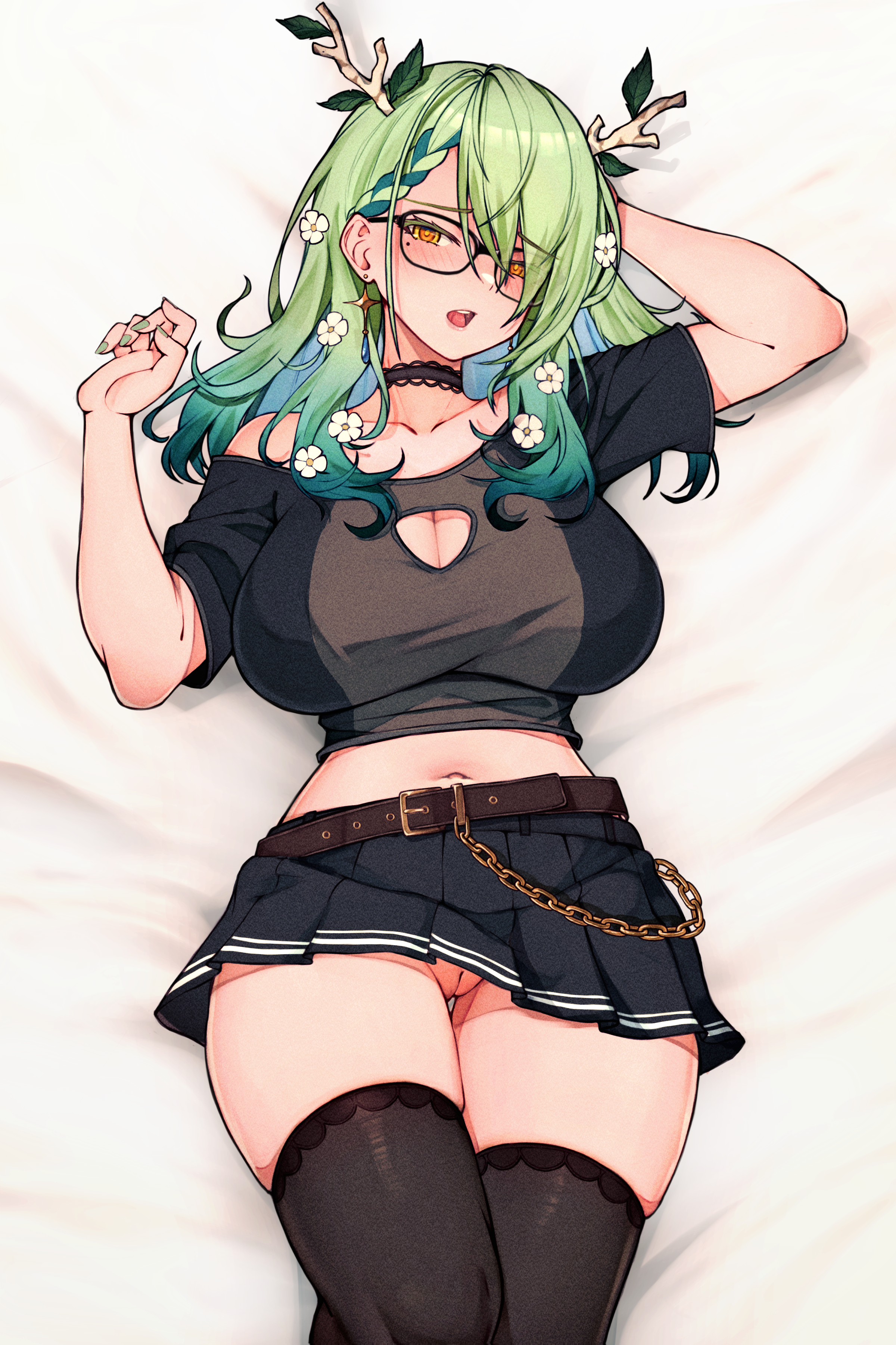 1girls, bare shoulder, big breasts, black legwear, breasts, ceres fauna, ceres fauna (3rd costume), choker, cleavage, cleavage cutout, collarbone, earrings, exposed shoulder, female, female only, flowers in hair, glasses, gradient hair, green hair, hand behind head, highres, hips, hololive, hololive english, hololive english -council-, hololive english -promise-, horns, large breasts, legwear, light skin, light-skinned female, looking at viewer, lying, lying on back, mole, mole under eye, nail polish, nails, navel, no panties, open mouth, pussy, pussy peek, skirt, solo, stockings, t-shirt, thick thighs, thigh gap, thighhighs, thighs, uncensored, varniskarnis, virtual youtuber, waist, yellow eyes