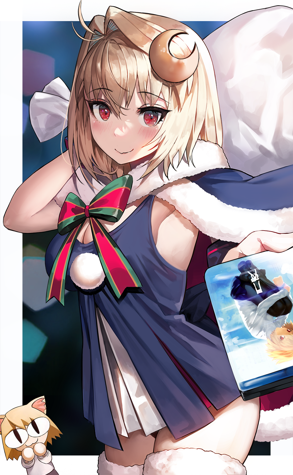 arcueid_brunestud bad_id bad_pixiv_id blonde_hair blu-ray_cover blue_capelet blush breasts capelet christmas cleavage closed_mouth cosplay cover crescent crescent_hair_ornament fate_(series) female green_neckwear green_ribbons hair_ornament highres looking_at_viewer medium_breasts pendragon red_eyes ribbon santa_alter santa_alter_(cosplay) short_hair smile solo suou-sensei thighhighs tsukihime