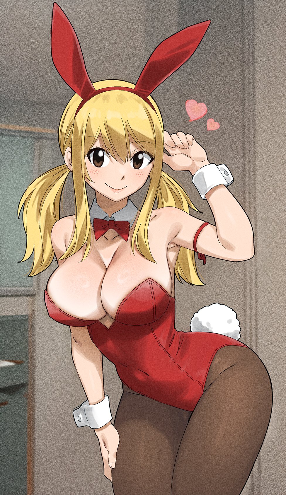 1girls 2020s 2024 animal_costume armpits bare_shoulders blonde_hair blush breasts bunny_ears bunnysuit cleavage collarbone fairy_tail female gaston18 heart hi_res indoors large_breasts light-skinned_female light_skin long_hair looking_at_viewer lucy_heartfilia pantyhose rabbit_costume smile solo standing twintails