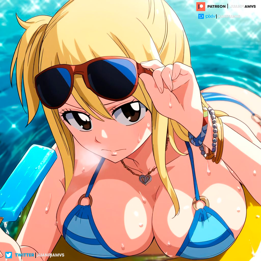 ai_generated big_breasts bikini blonde_hair bracelet brown_eyes fairy_tail female float juanpi_amvs long_hair looking_at_viewer lucy_heartfilia patreon patreon_username sunglasses sunglasses_on_head water watermark yellow_hair