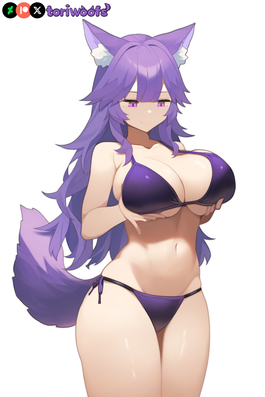 1girls ai_generated big_boobs big_breasts bikini boob_lifting breast_grab breasts curvy cute dog_ears dog_girl female female_only highres hips huge_boobs huge_breasts kemonomimi light_skin light_skinned_female long_hair patreon_username petgirl petite purple_ears purple_eyes purple_hair purple_tail standing thick_thighs thighs tori toriwoofs watermark wavy_hair white_background wide_hips wolf_ears