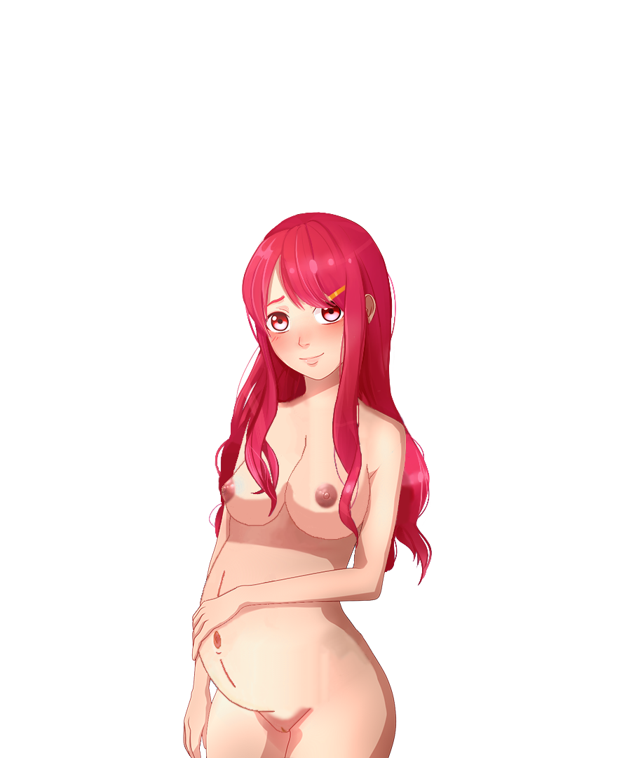 completely_nude crimson_eyes crimson_hair hand_on_stomach happy long_hair masha_(cold_embrace) medium_breasts pregnant smile