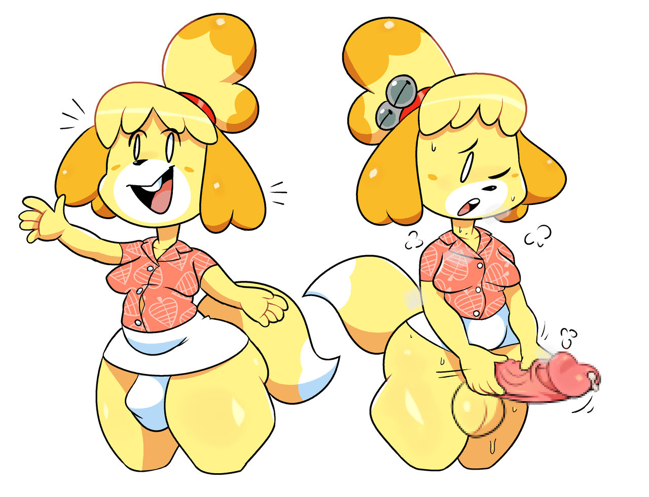 1futa, animal crossing, anthro, blush, bulge through clothing, clothed, futa focus, futa only, futanari, gyattzco, hair ornament, intersex, isabelle (animal crossing), masturbation, panties, penis, penis under skirt, pink shirt, tagme, white panties, white skirt, yellow fur