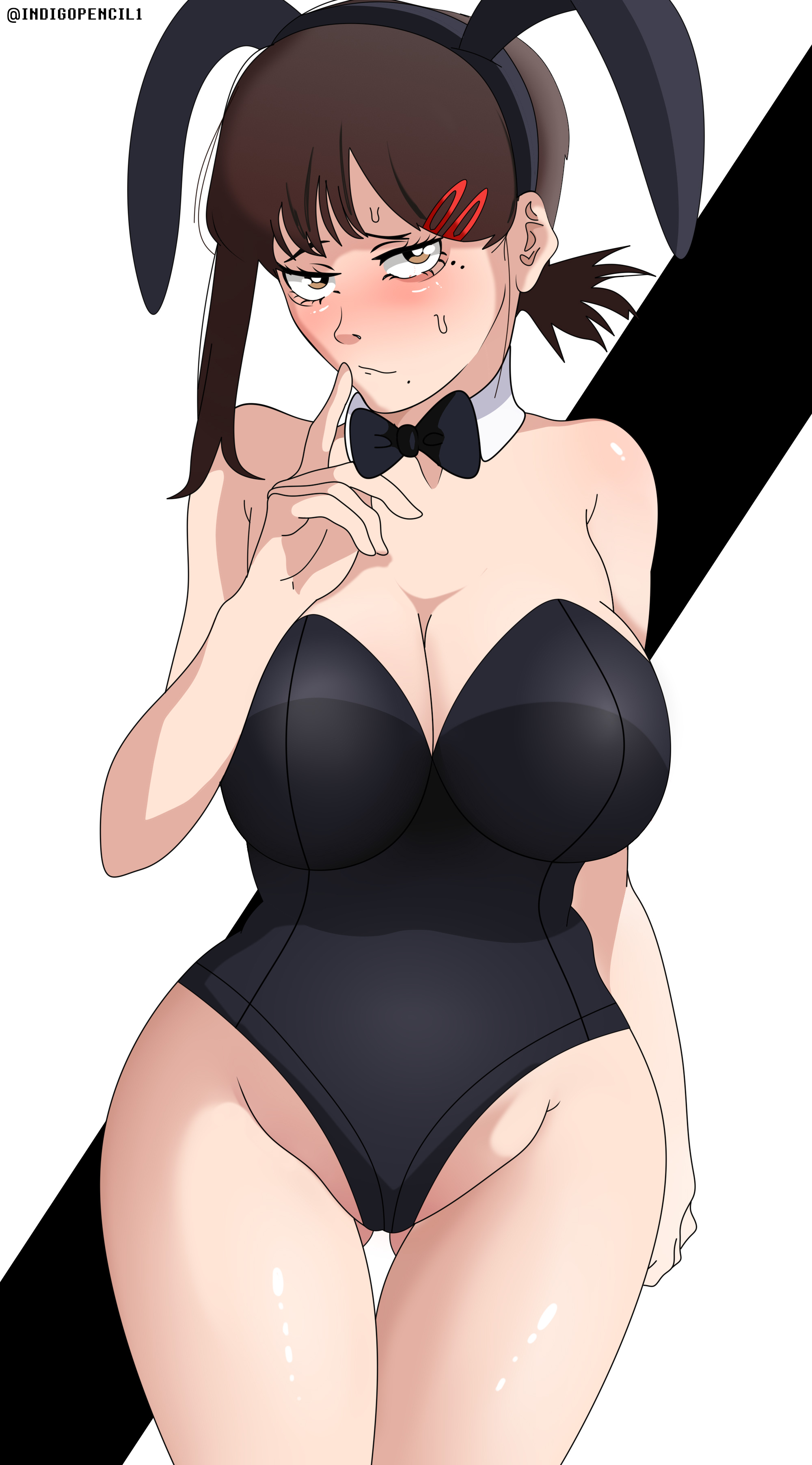 big breasts, blush, breasts, brown hair, bunny ears, bunnysuit, chainsaw man, cute, digital media (artwork), fanbox reward, female, female only, higashiyama kobeni, indigopencil, lingerie, public, shy