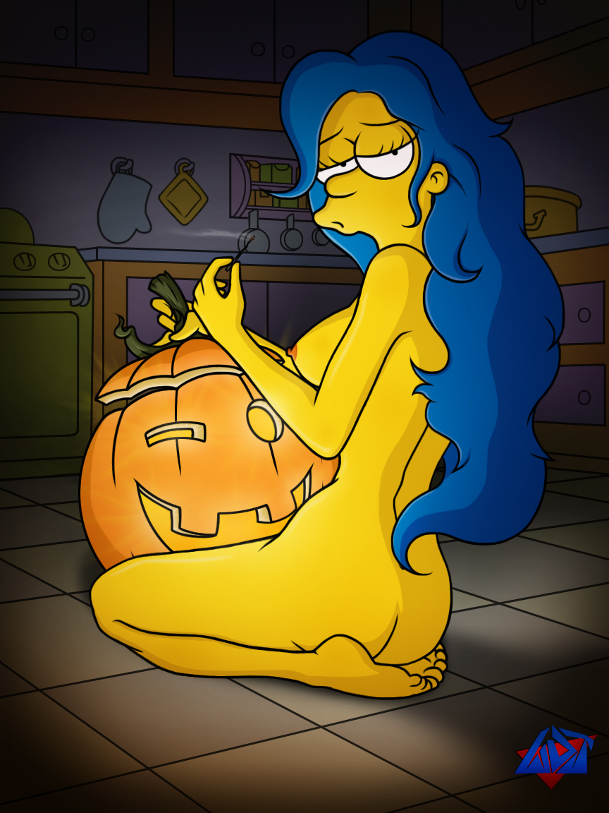 ass breasts color female female_only halloween human indoors jack-o'-lantern marge_simpson nipples nude pumpkin sitting solo tagme the_simpsons wdj