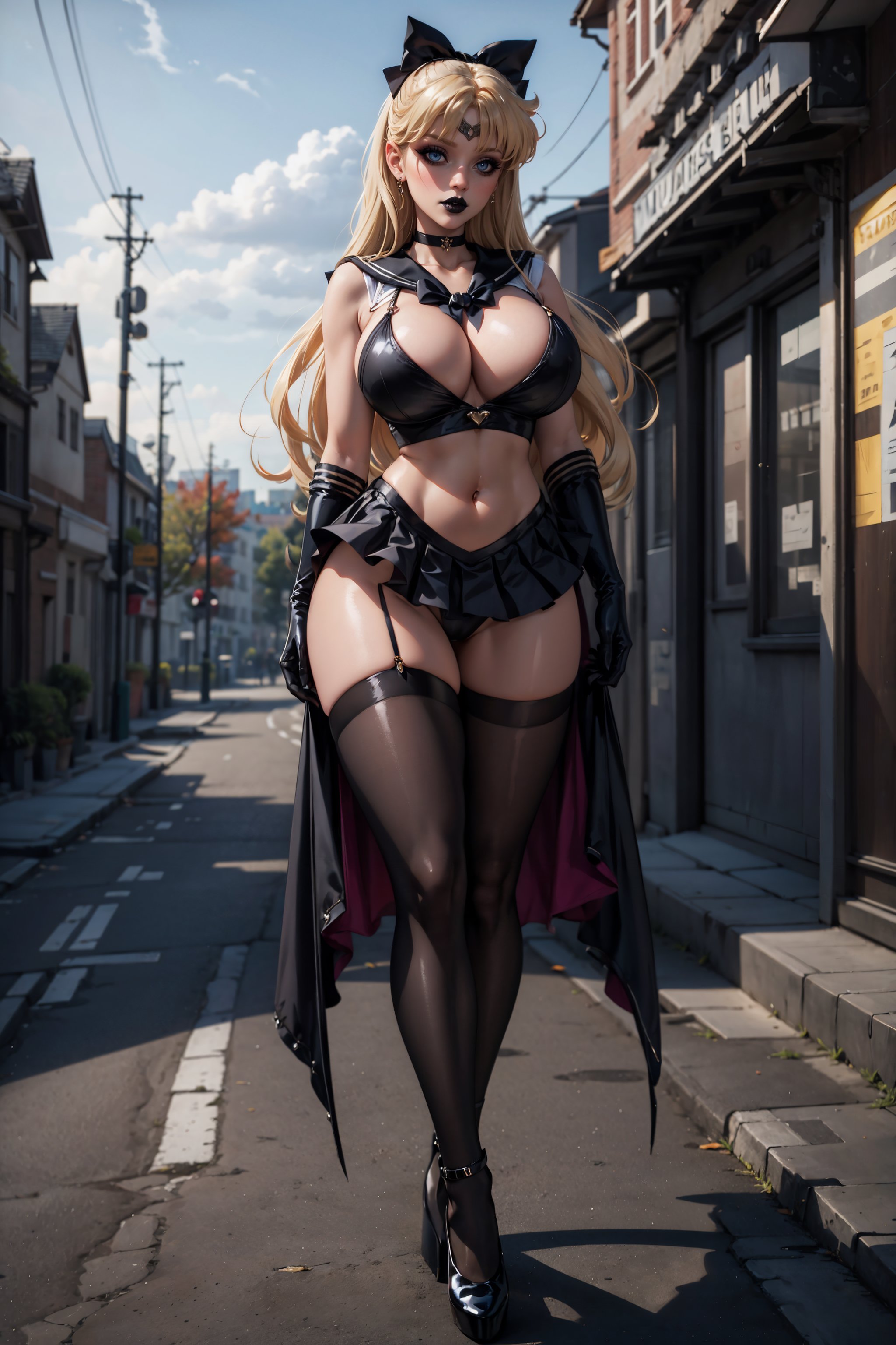 1girls, ai generated, bishoujo senshi sailor moon, blonde hair, boob window, bow, breasts, choker, cleavage, clothing, female, garter straps, goth, goth girl, high heels, large breasts, league69, long hair, looking at viewer, microskirt, minako aino, panties, sailor venus, skirt, stockings, thighhighs, thighs