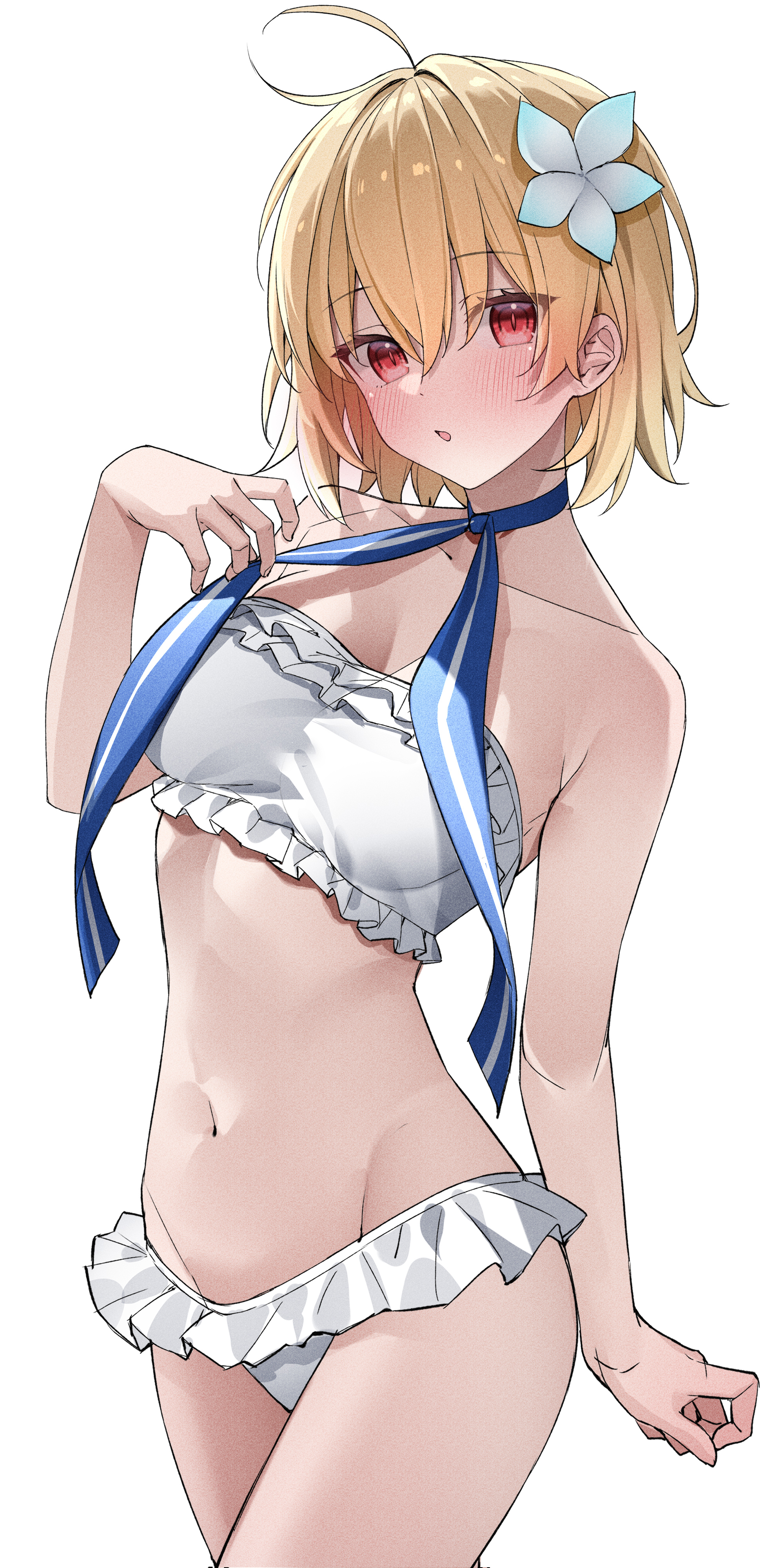 absurdres, ahoge, arcueid brunestud, bare shoulders, bikini, blonde hair, blue ribbon, blush, breasts, cleavage, collarbone, fate (series), fate/grand order, female, female only, flower, fully clothed, hair flower, hair ornament, highres, kawai ritsu (rits meg), looking at viewer, medium breasts, open mouth, red eyes, revealing clothes, ribbon, short hair, solo, swimsuit, thighs, tsukihime, white bikini